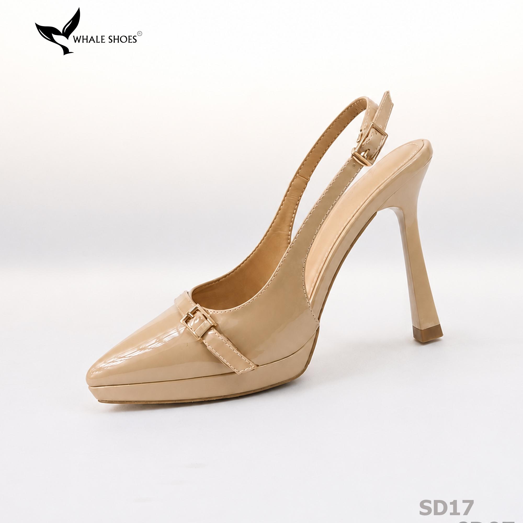 Giày Slingback Whale Shoes gót 10cm đúp mũi 1cm, khóa cài trang trí vàng Gold, đế chống trượt-SD17