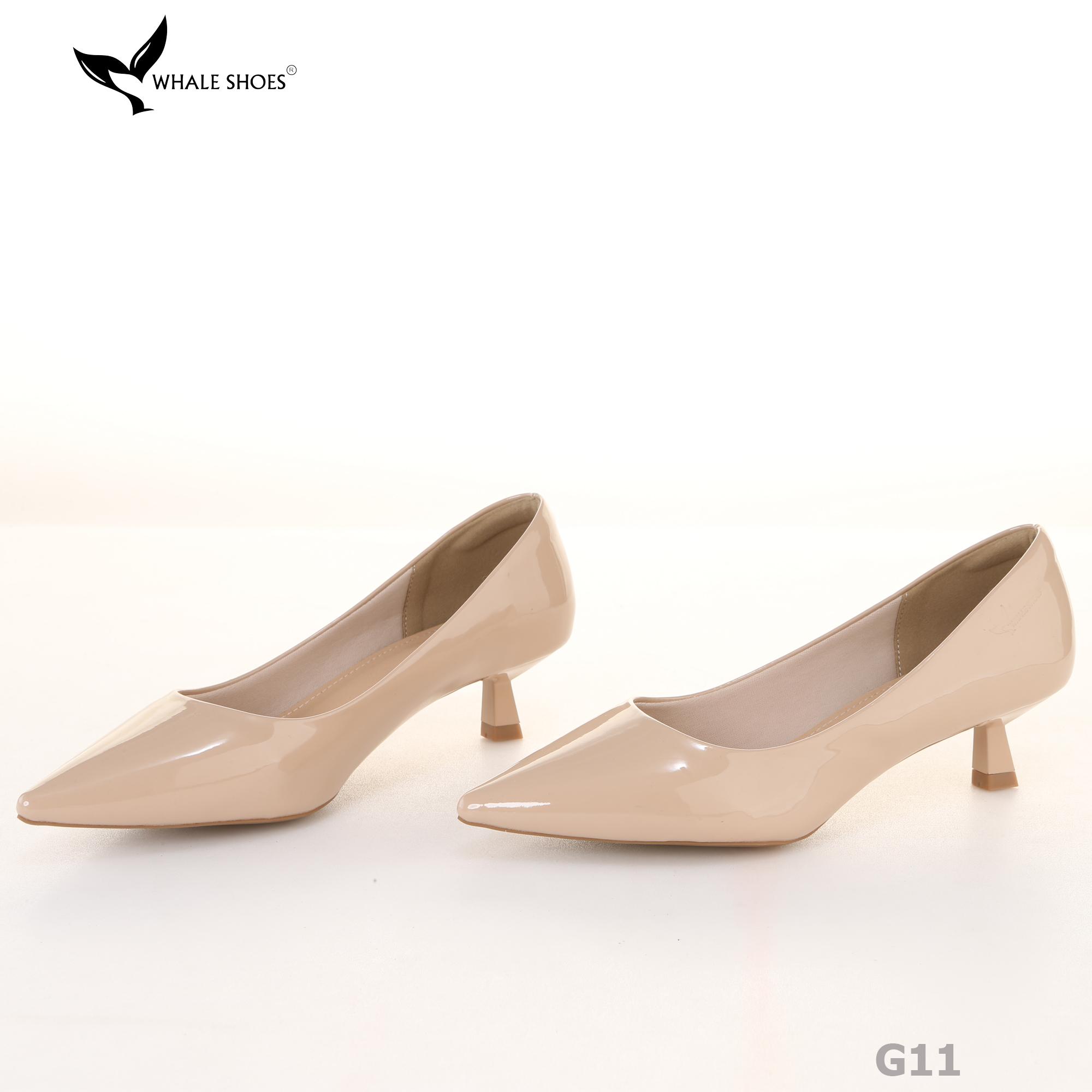 Giày Cao Gót Whale Shoes 4cm, mũi nhọn, da bóng và da mờ, lót êm, đế chống trượt-G11