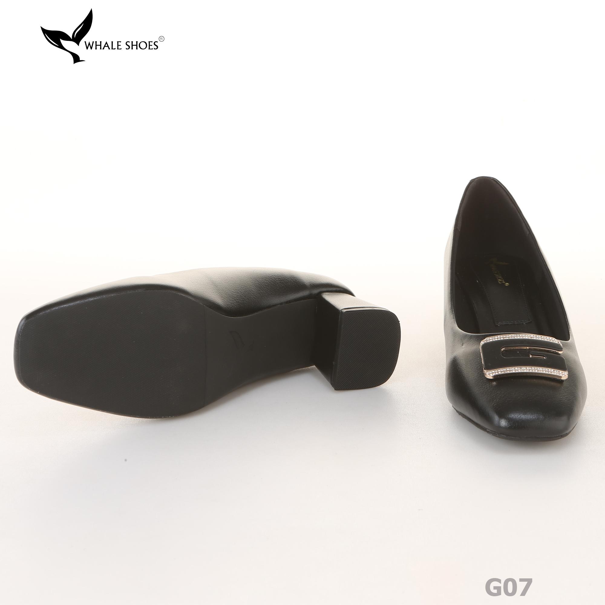 Giày cao gót nữ Whale Shoes 6cm mũi vuông, da mờ, gót trụ đính khóa, đế chống trượt-G07