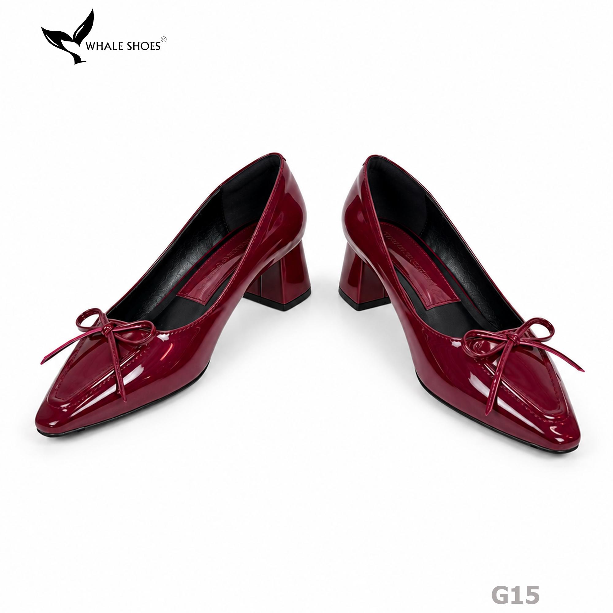 Giày Cao Gót Mũi Vuông Whaleshoes 5cm Da Bóng Đính Nơ Lót Êm Đế Chống Trơn Trượt-G15