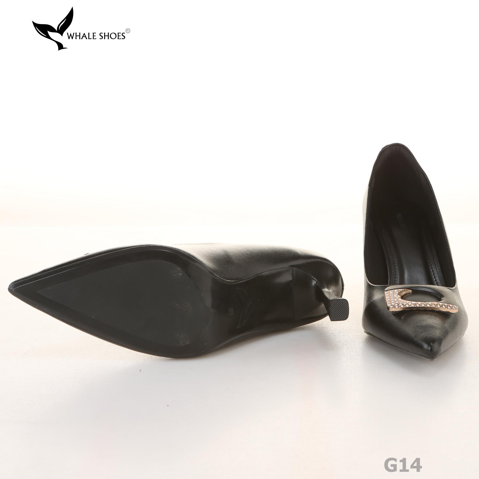 (Giảm size) Giày cao gót Whale Shoes 8cm, bít mũi, da mờ, đính khóa, lót êm, đế chống trượt-G14