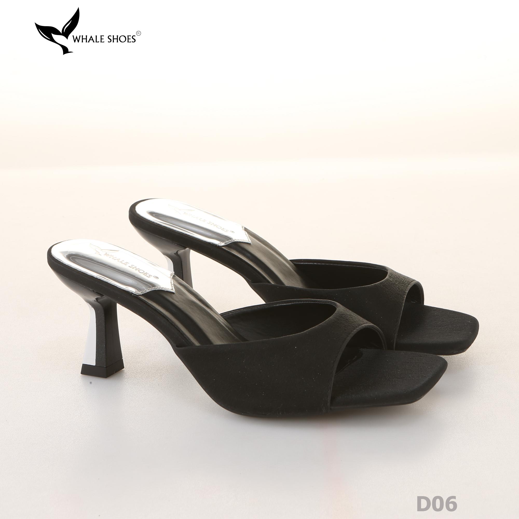 Dép (guốc) nữ Whale Shoes 6cm (tăng size) mũi vuông, vân da dưa lưới, gót trụ, đế chống trượt-D06