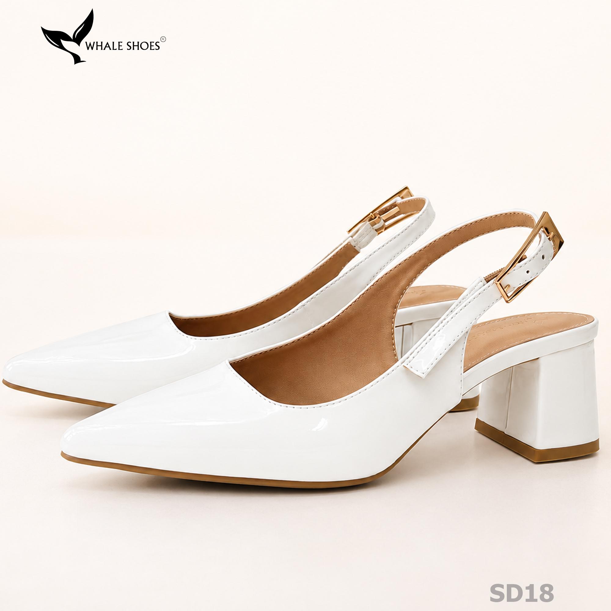 Giày Slingback Whale Shoes 5cm mũi nhọn, gót vuông bọc da, khóa cài hông-SD18