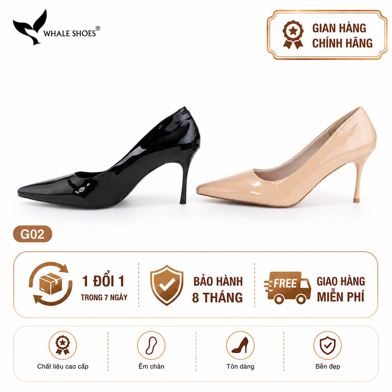 Giày cao gót nữ Whale Shoes 8cm da bóng kem, gót nhọn, đế chống trượt-G02