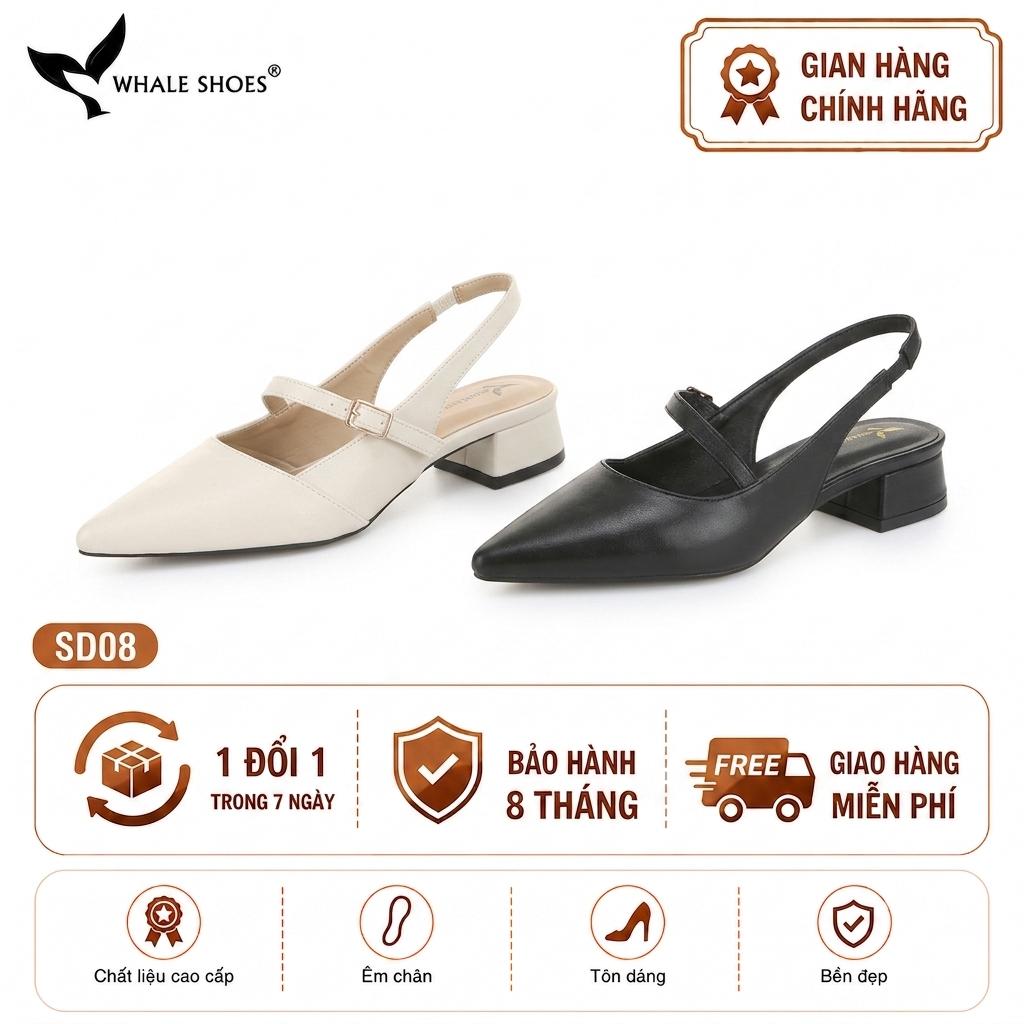 Giày slingback nữ Whale Shoes 3cm mũi nhọn da mờ, gót vuông bọc da, đế chống trượt-SD08