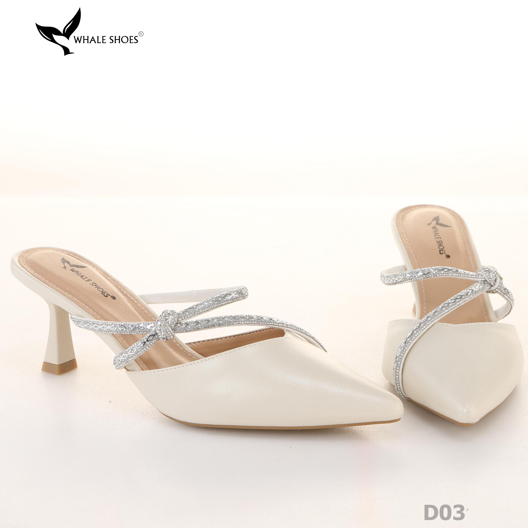 Sục cao gót nữ Whale Shoes (tăng size) 7cm mũi nhọn, cổ tim, dây đính đá, đế chống trượt-D03