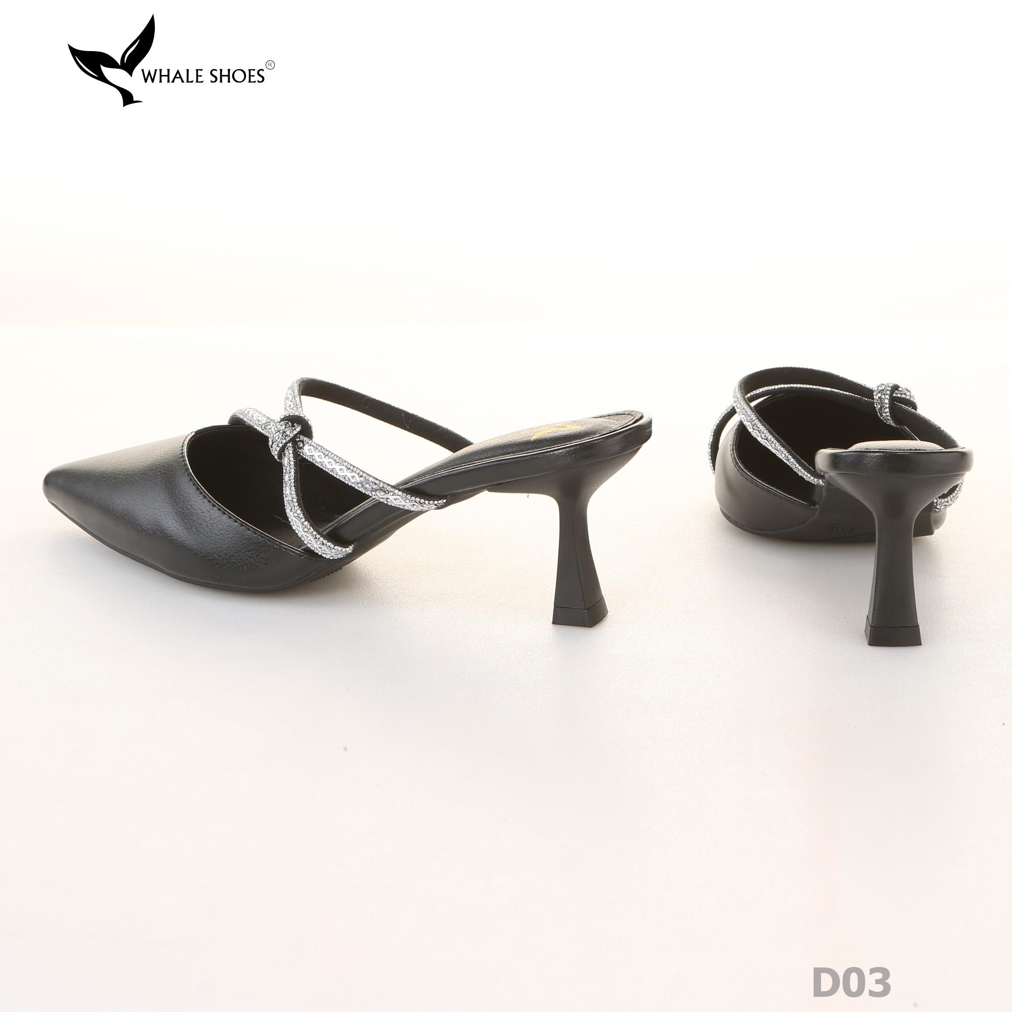 Sục cao gót nữ Whale Shoes (tăng size) 7cm mũi nhọn, cổ tim, dây đính đá, đế chống trượt-D03