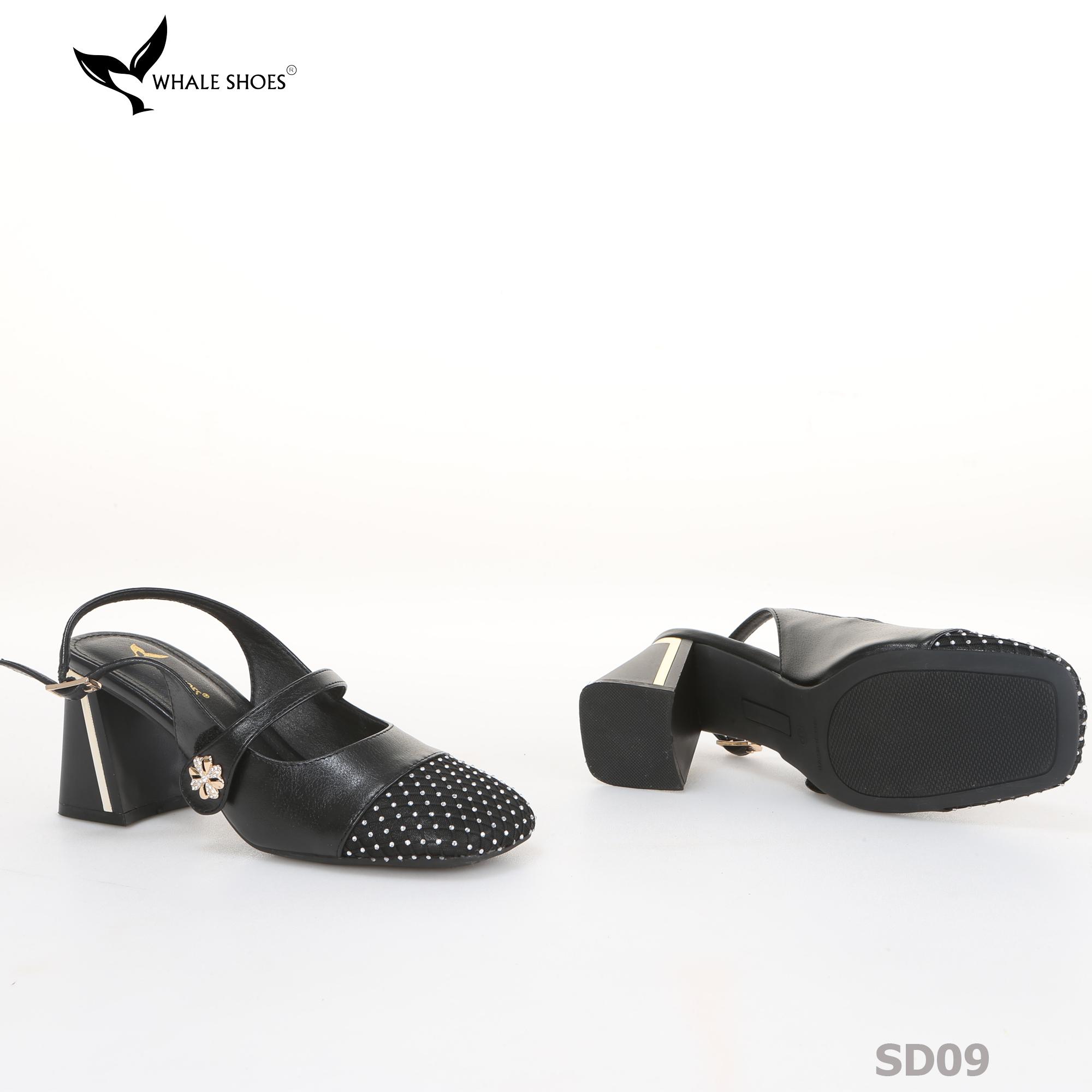 Giày cao gót nữ mũi vuông Whale Shoes 7cm, 6cm, phối lưới đính đá, gót vuông mạ vàng, đế chống trượt-SD09