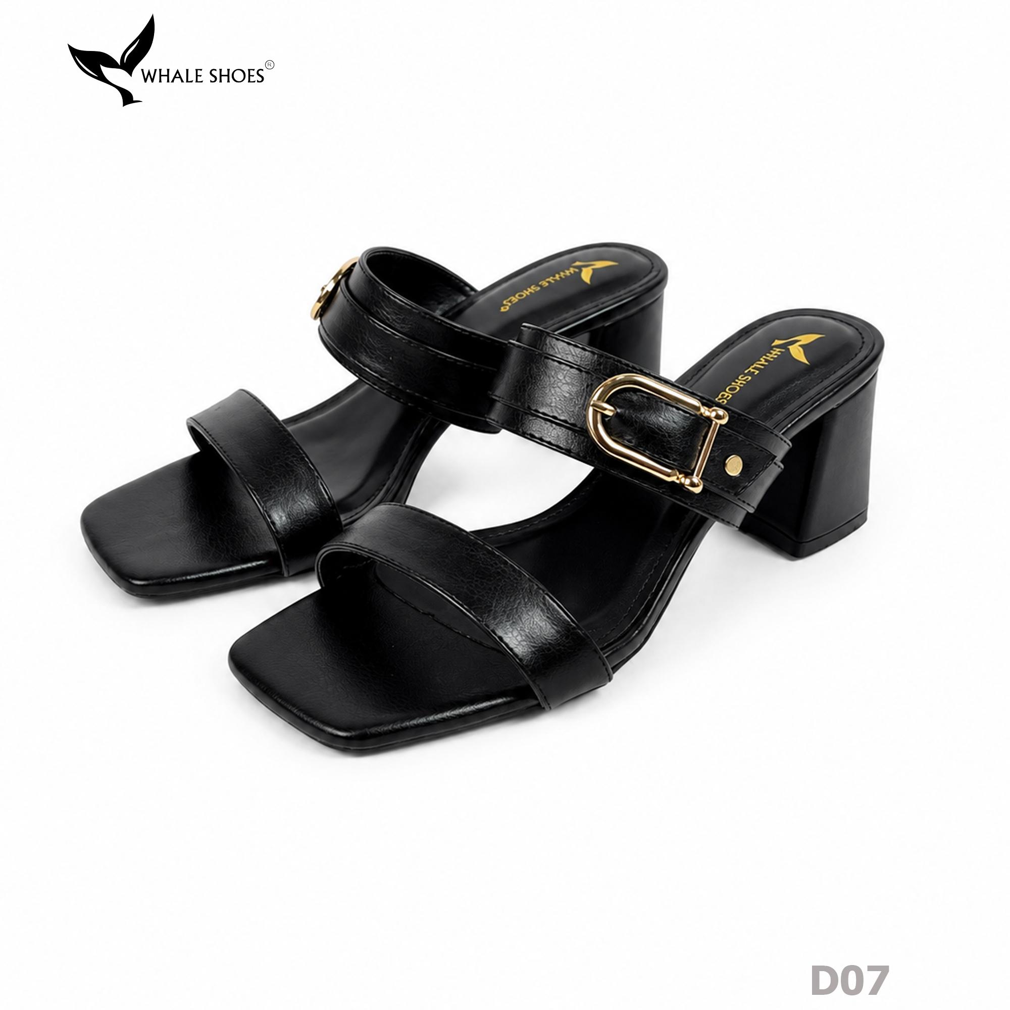 Dép cao gót Whale Shoes 6.5cm mũi vuông, đính khóa thanh lịch, êm chân, đế chống trượt-D07