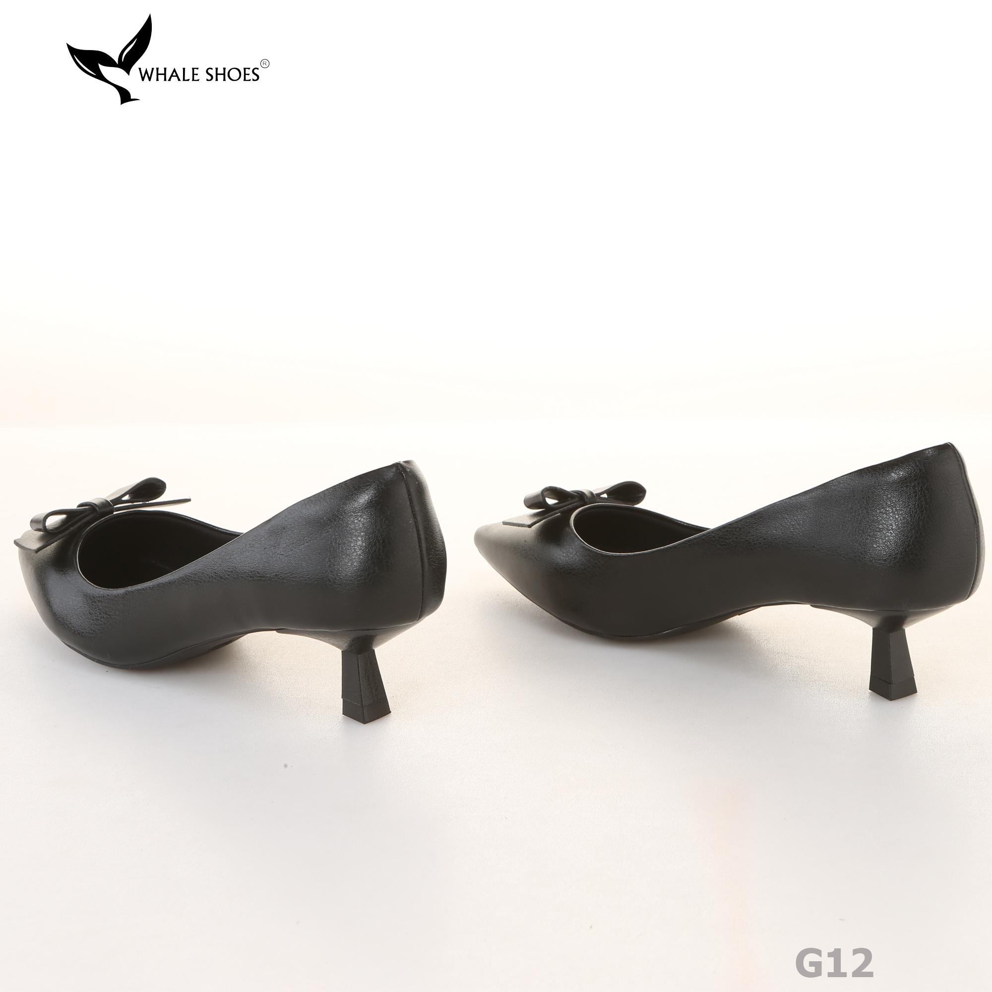 Giày Cao Gót Whale Shoes 4cm, da bóng và da mờ, mũi nhọn đính nơ, lót êm, đế chống trượt-G12