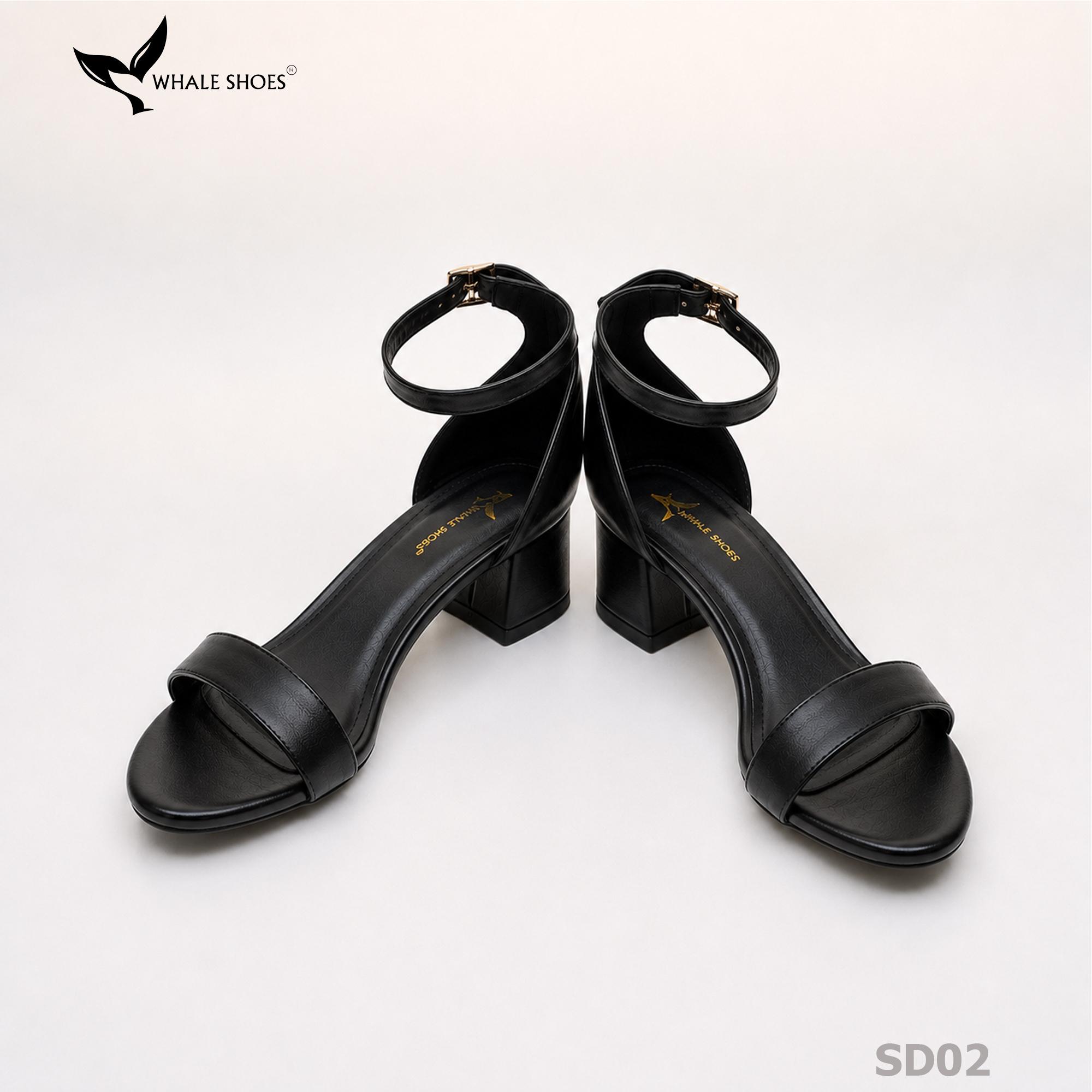 Giày Sandal nữ Whale Shoes mũi tròn gót vuông 4cm bản ngang, da mềm êm chân, đế chống trượt-SD02