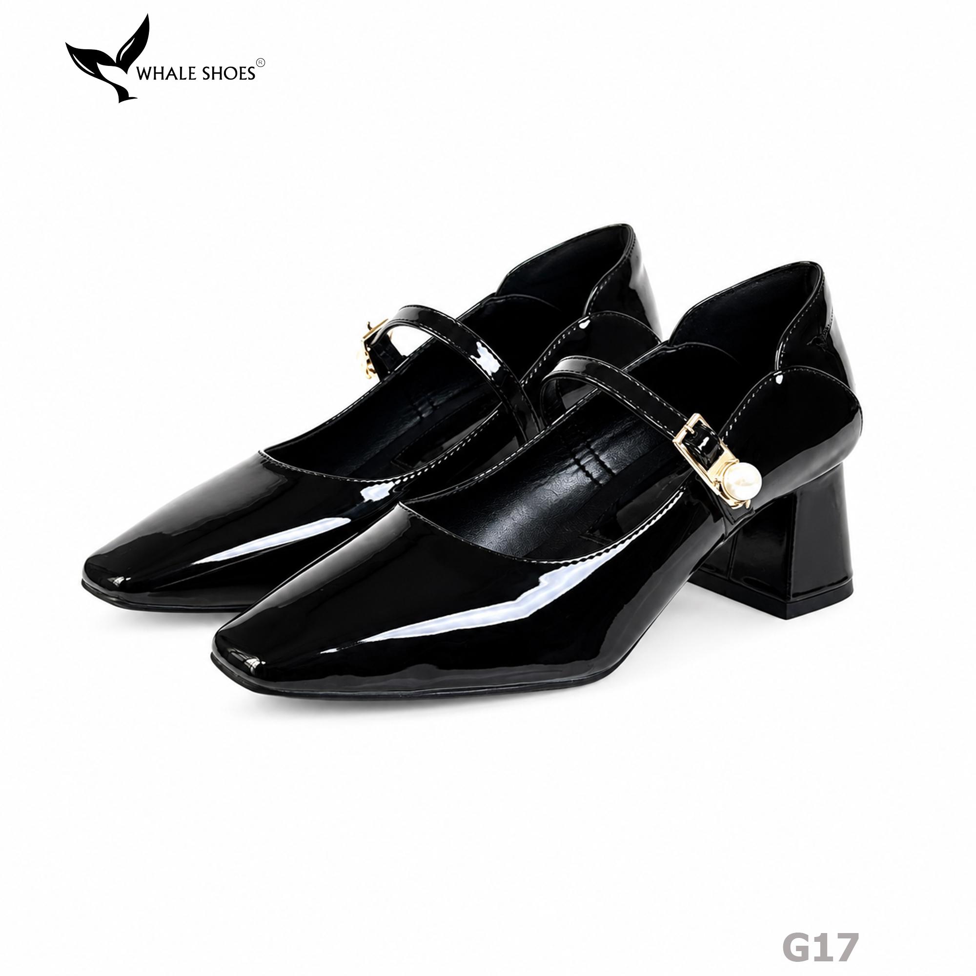 Giày Cao Gót Bít Mũi Whale Shoes 5cm Da Bóng quai đính khóa ngọc trai, Lót Êm, Đế Chống Trượt-G17
