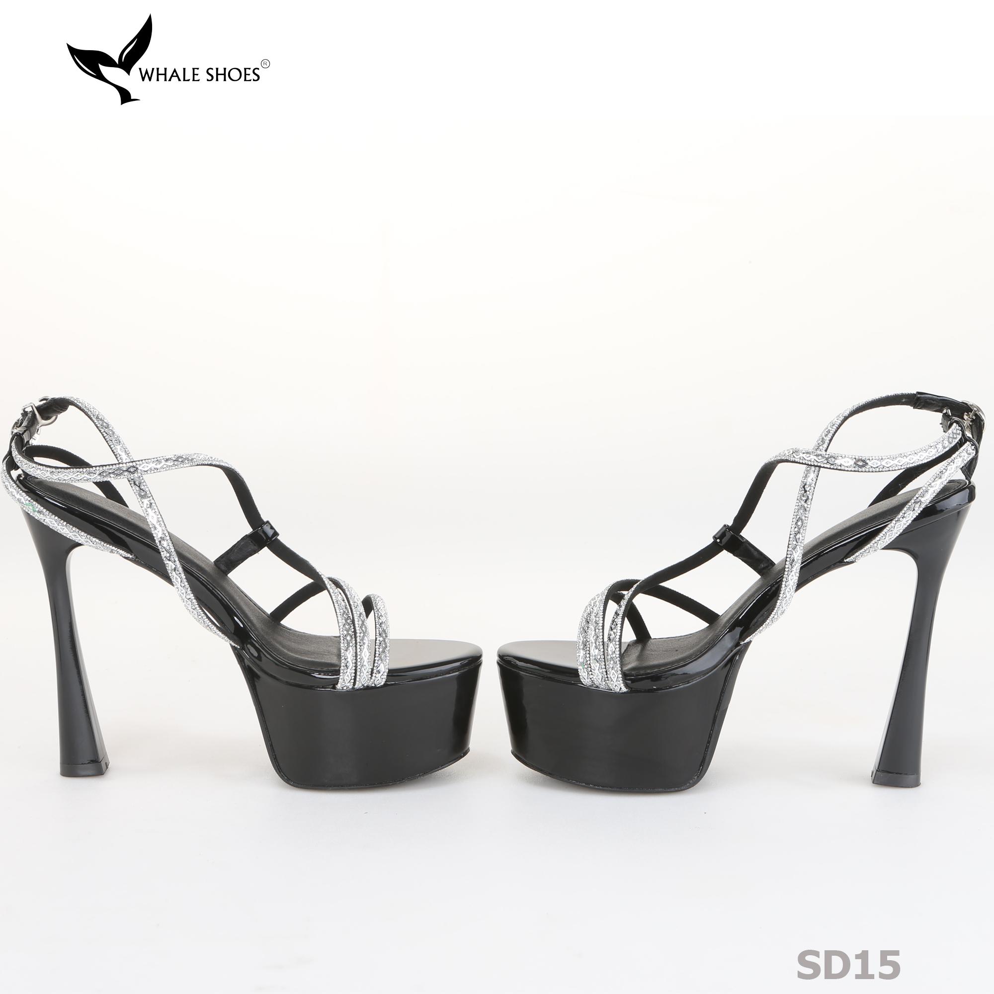 Giày Sandal hoa hậu Whale Shoes 15cm mũi tròn da bóng, dây đá sáng, đế chống trượt-SD15