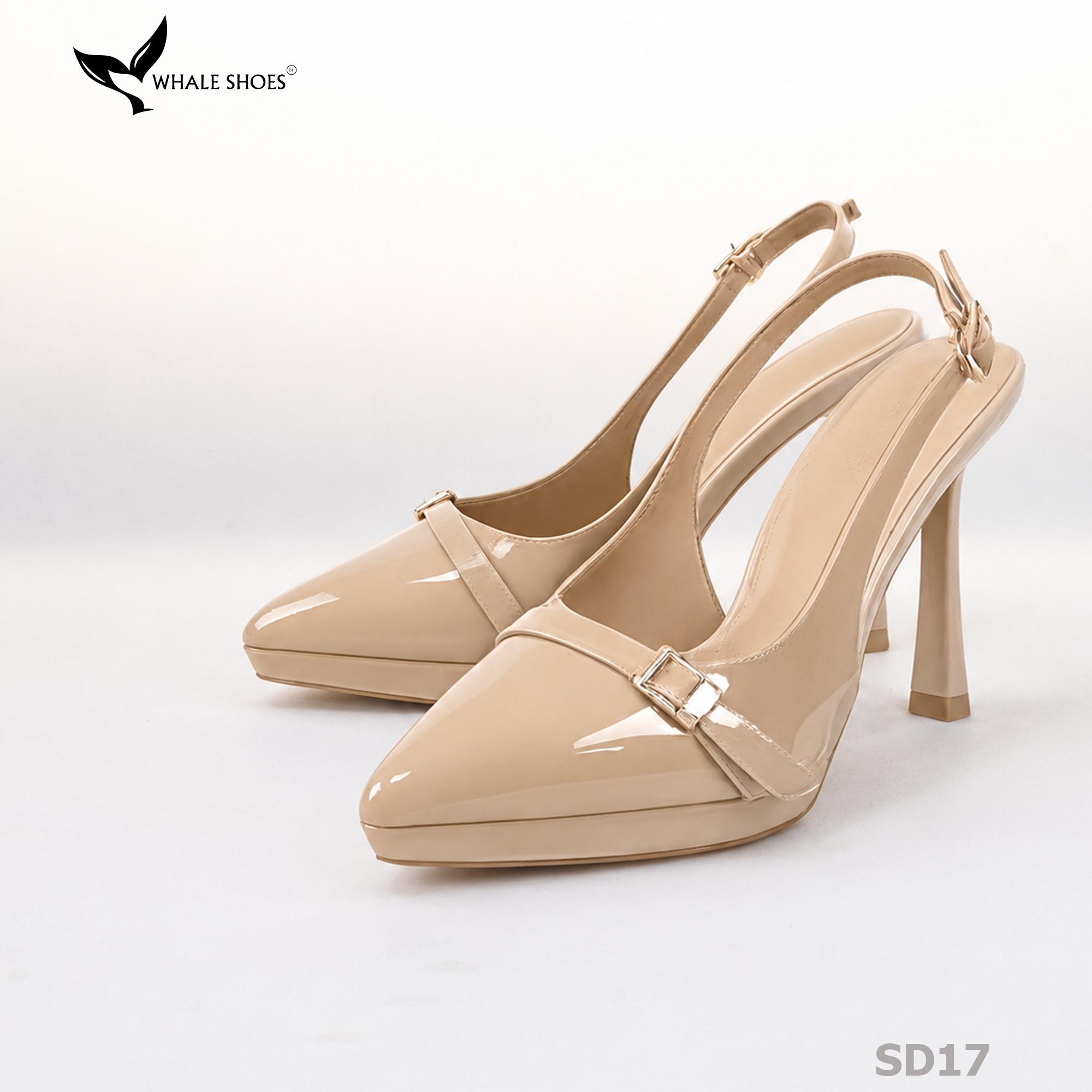 Giày Slingback Whale Shoes gót 10cm đúp mũi 1cm, khóa cài trang trí vàng Gold, đế chống trượt-SD17