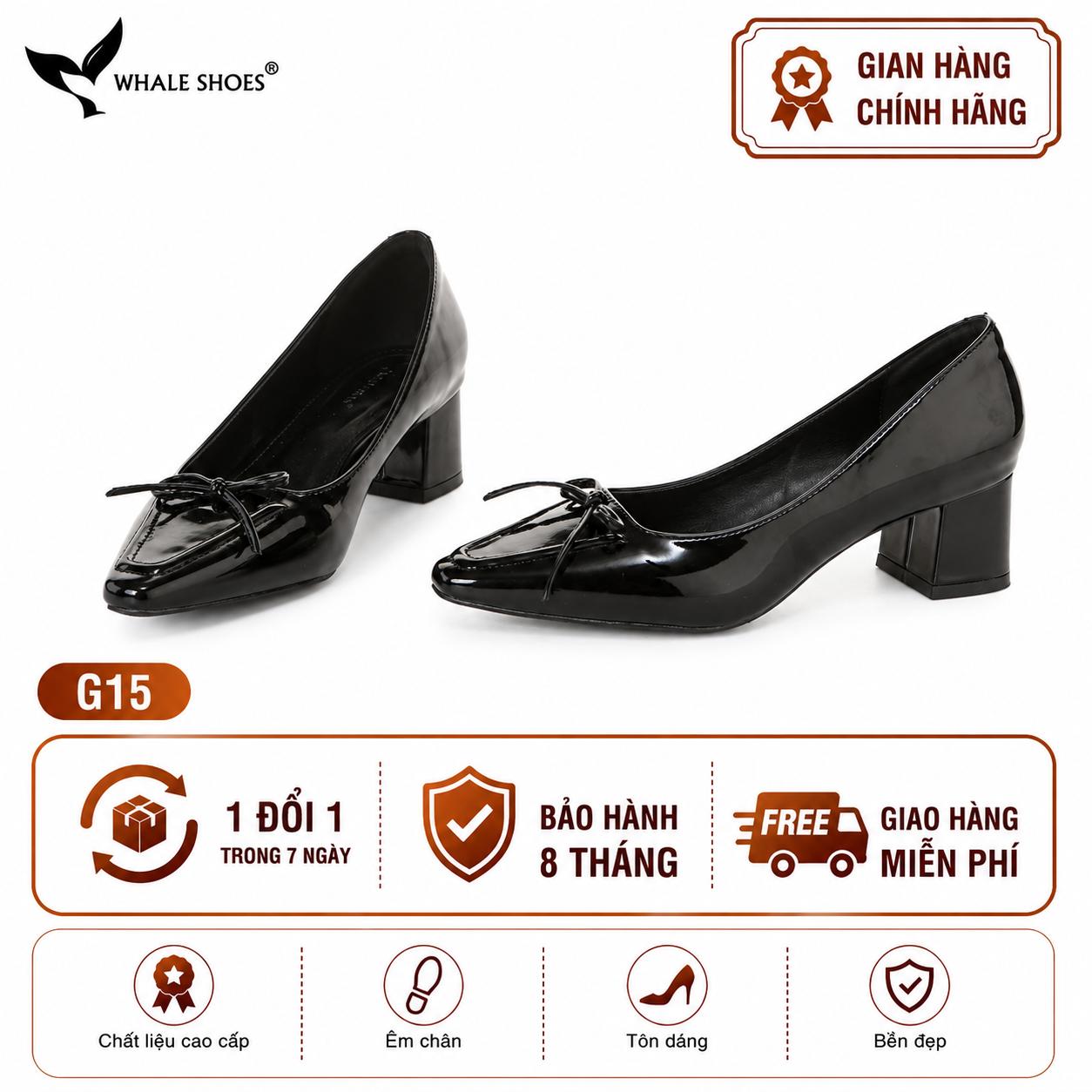 Giày Cao Gót Mũi Vuông Whaleshoes 5cm Da Bóng Đính Nơ Lót Êm Đế Chống Trơn Trượt-G15