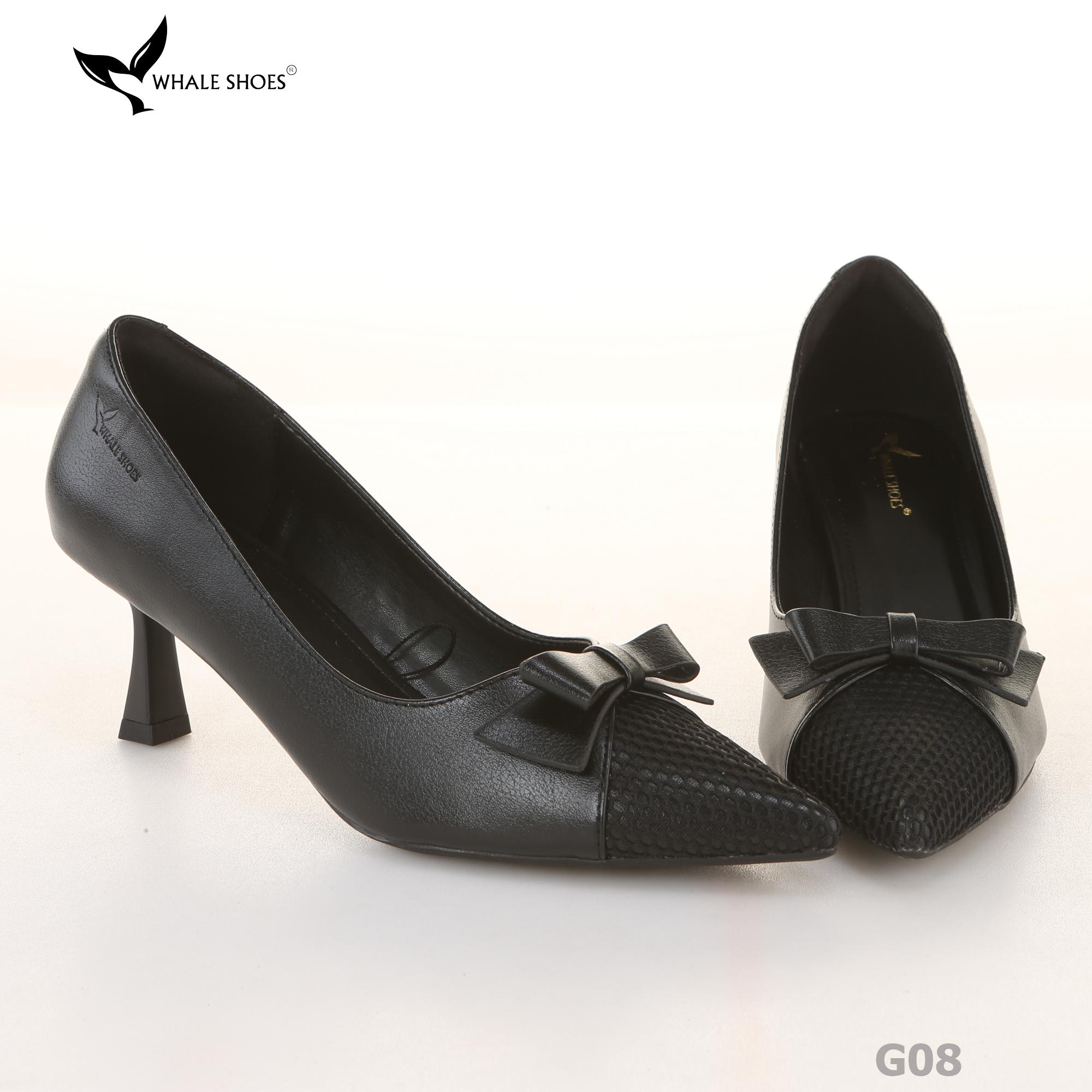 Giày cao gót bít mũi Whale Shoes 6cm, họa tiết lưới nơ, da mờ, lót êm, đế chống trượt-G08