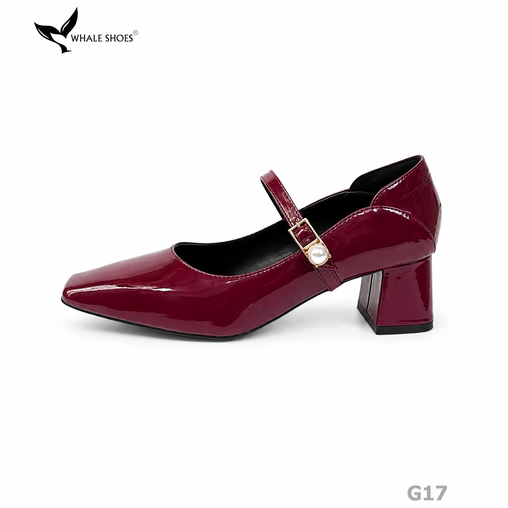 Giày Cao Gót Bít Mũi Whale Shoes 5cm Da Bóng quai đính khóa ngọc trai, Lót Êm, Đế Chống Trượt-G17