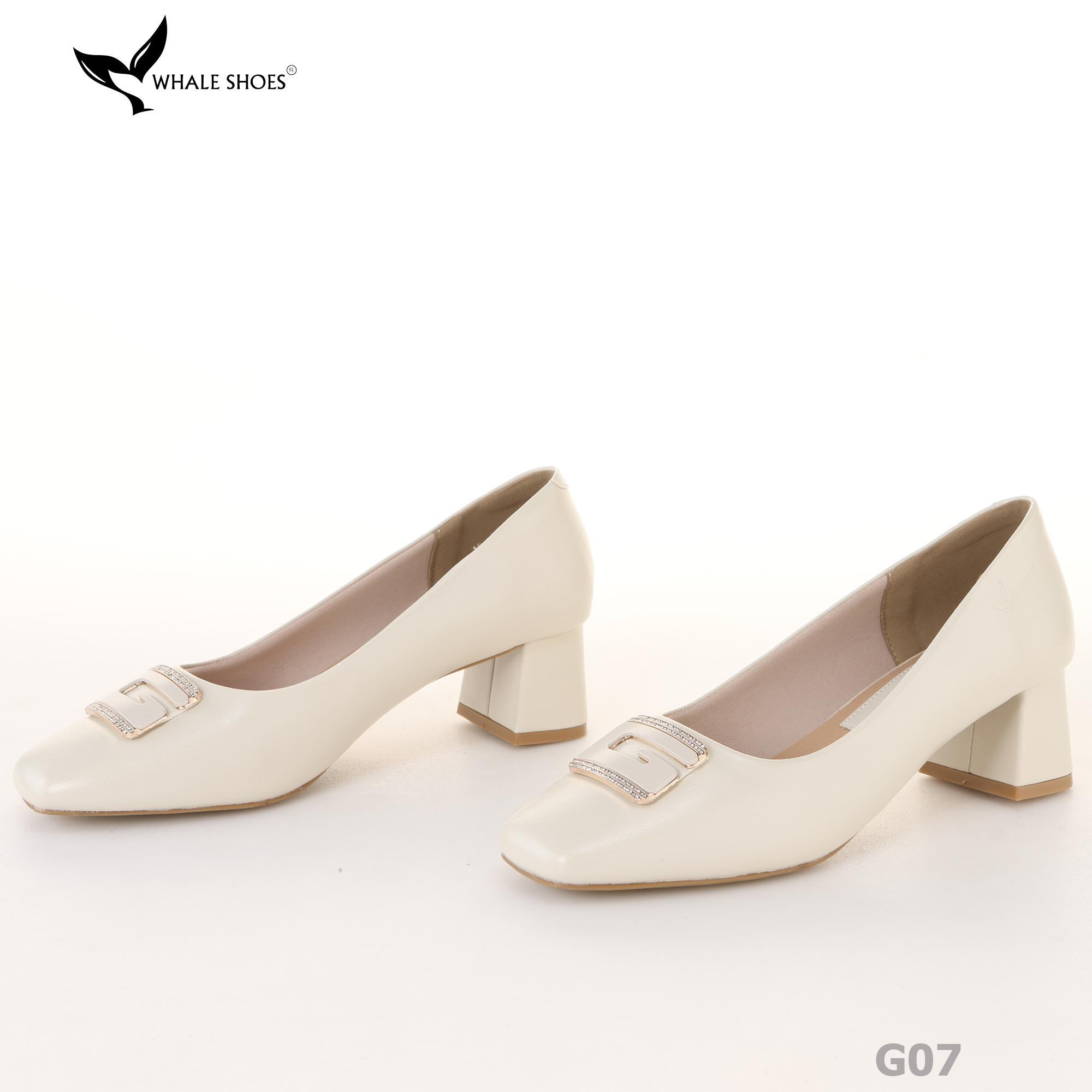 Giày cao gót nữ Whale Shoes 6cm mũi vuông, da mờ, gót trụ đính khóa, đế chống trượt-G07