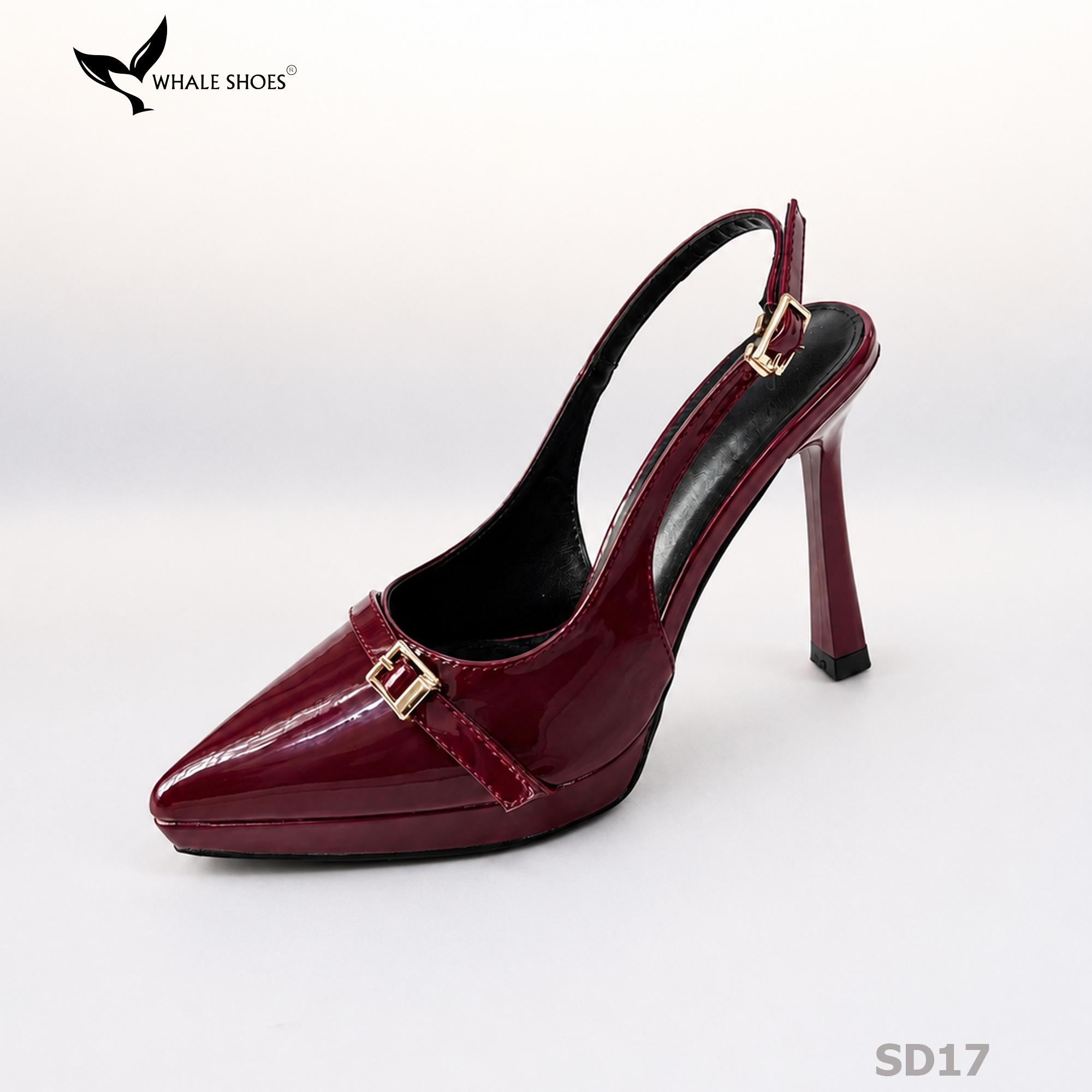 Giày Slingback Whale Shoes gót 10cm đúp mũi 1cm, khóa cài trang trí vàng Gold, đế chống trượt-SD17