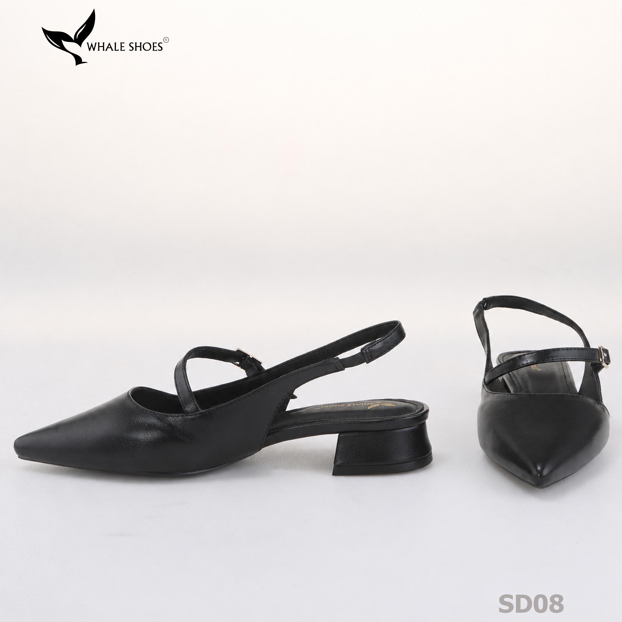 Giày slingback nữ Whale Shoes 3cm mũi nhọn da mờ, gót vuông bọc da, đế chống trượt-SD08