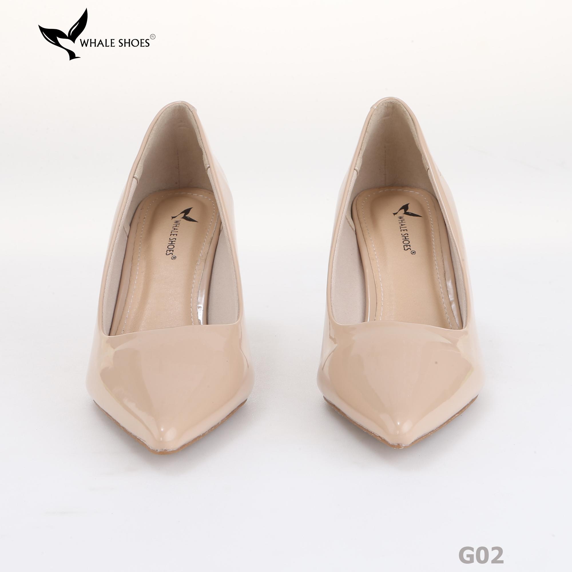 Giày cao gót nữ Whale Shoes 8cm da bóng kem, gót nhọn, đế chống trượt-G02