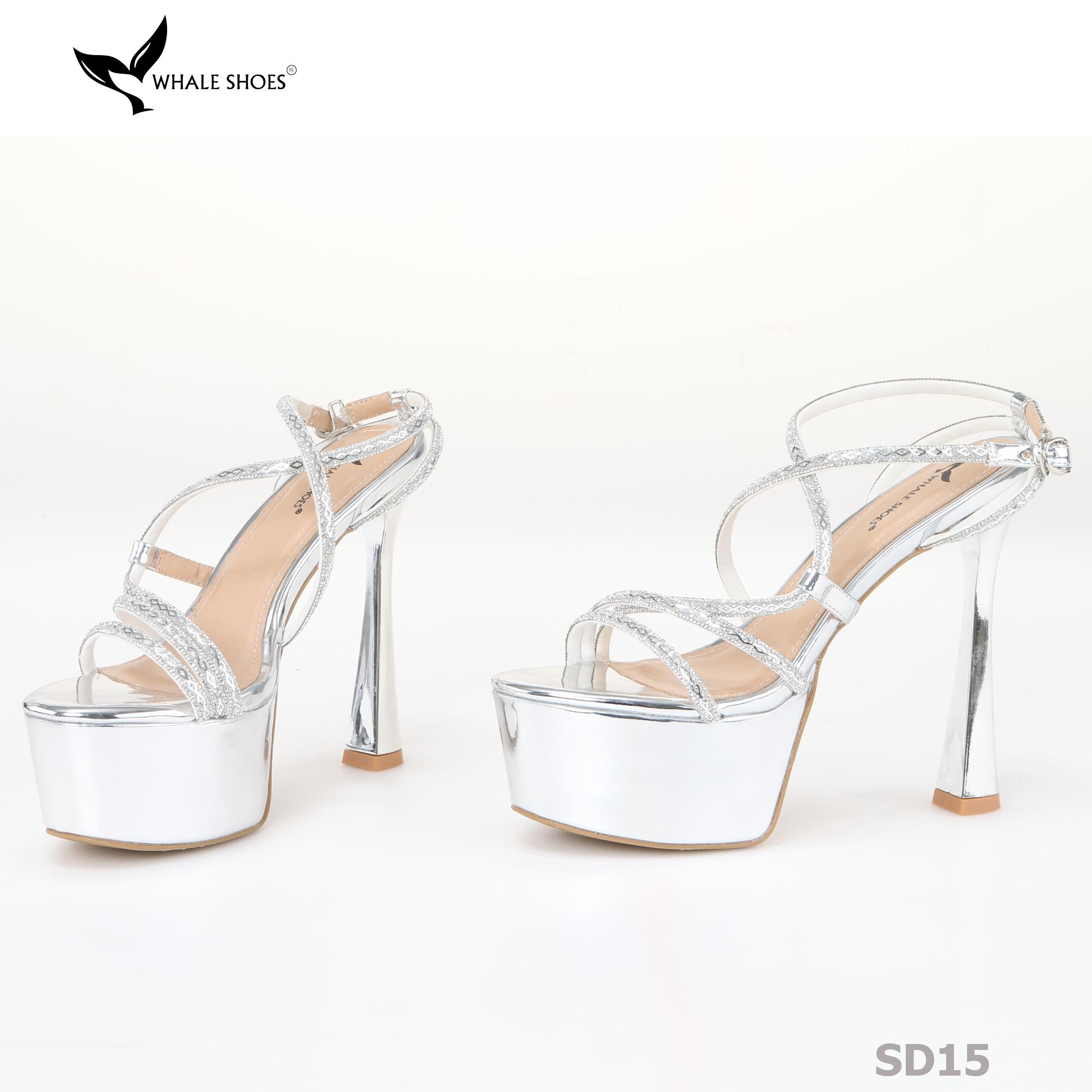 Giày Sandal hoa hậu Whale Shoes 15cm mũi tròn da bóng, dây đá sáng, đế chống trượt-SD15
