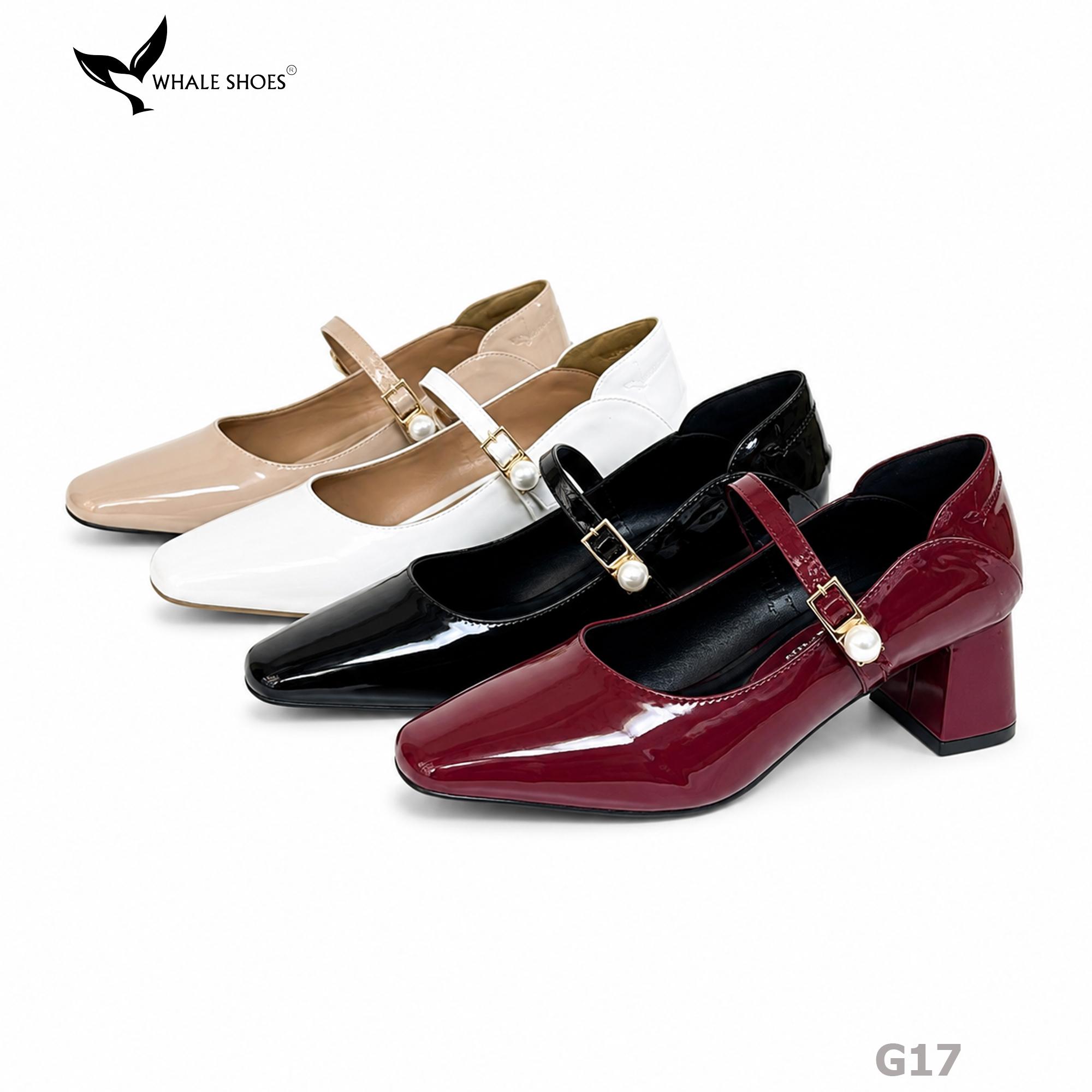 Giày Cao Gót Bít Mũi Whale Shoes 5cm Da Bóng quai đính khóa ngọc trai, Lót Êm, Đế Chống Trượt-G17
