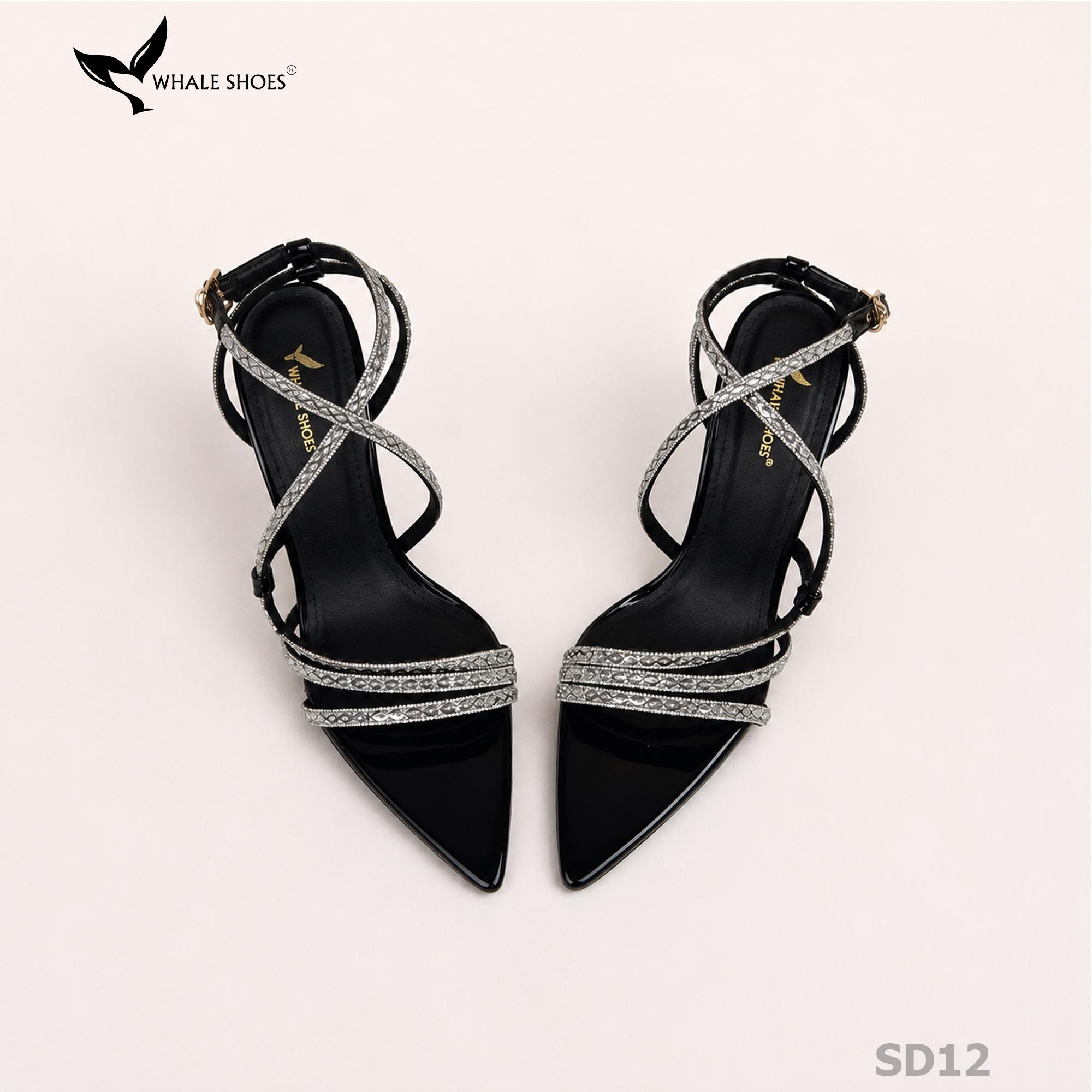 Giày hoa hậu Whale Shoes 11cm mũi nhọn da bóng, dây đính đá, đúp mũi 1cm, đế chống trượt-SD12