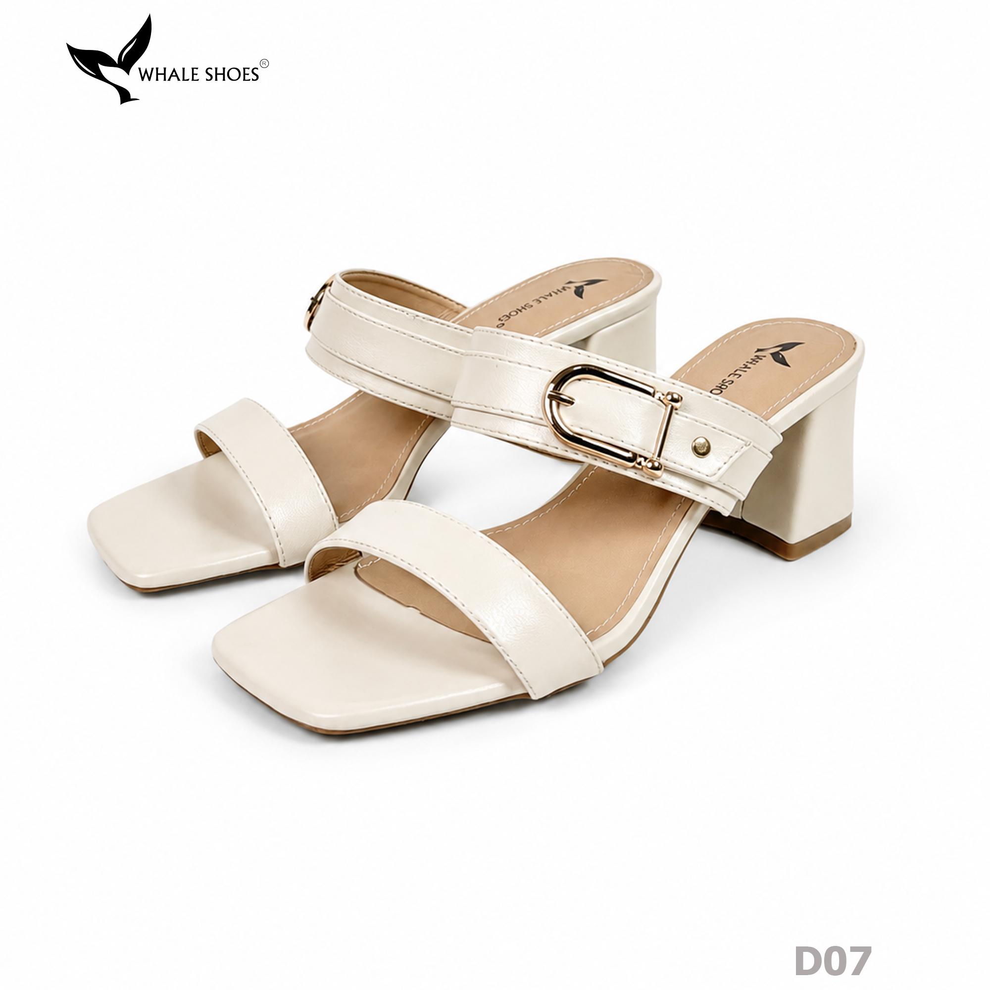 Dép cao gót Whale Shoes 6.5cm mũi vuông, đính khóa thanh lịch, êm chân, đế chống trượt-D07