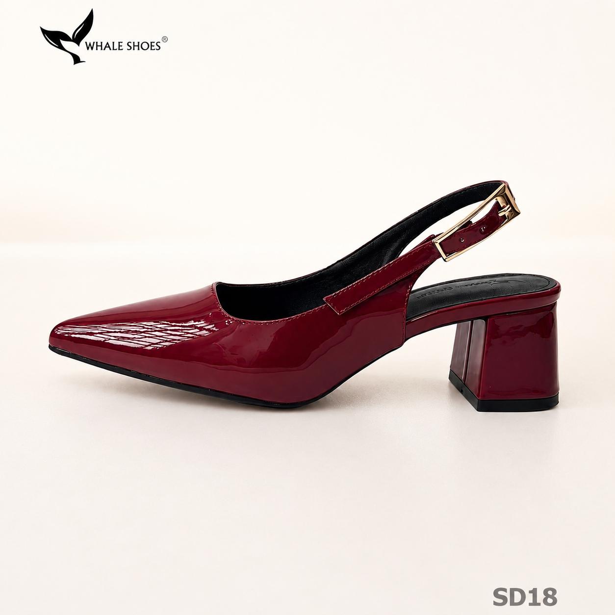 Giày Slingback Whale Shoes 5cm mũi nhọn, gót vuông bọc da, khóa cài hông-SD18