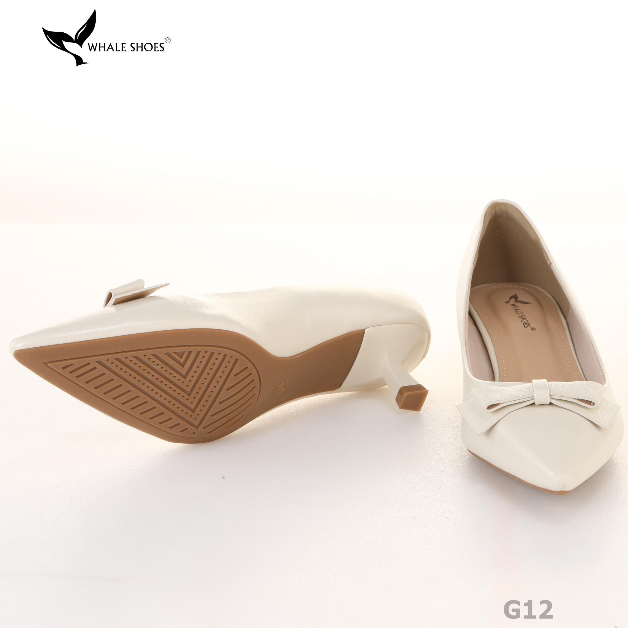 Giày Cao Gót Whale Shoes 4cm, da bóng và da mờ, mũi nhọn đính nơ, lót êm, đế chống trượt-G12