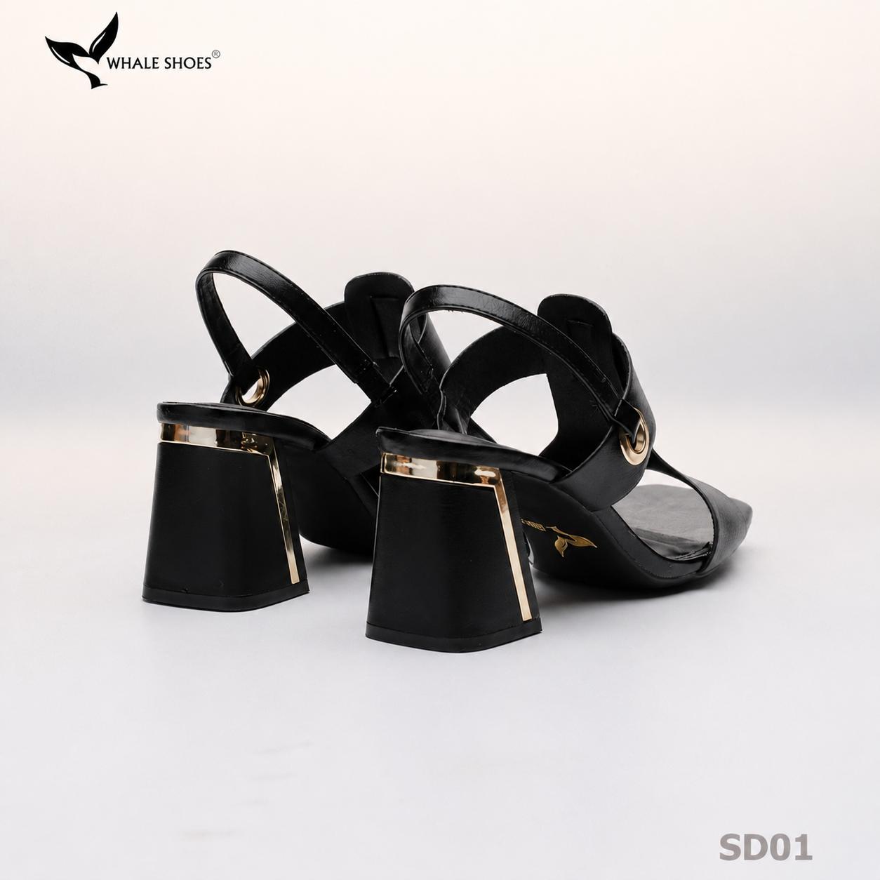 Giày Sandal nữ Whale Shoes 7cm, mũi vuông 7cm sơn vân da, viền mạ vàng, đế chống trượt-SD01