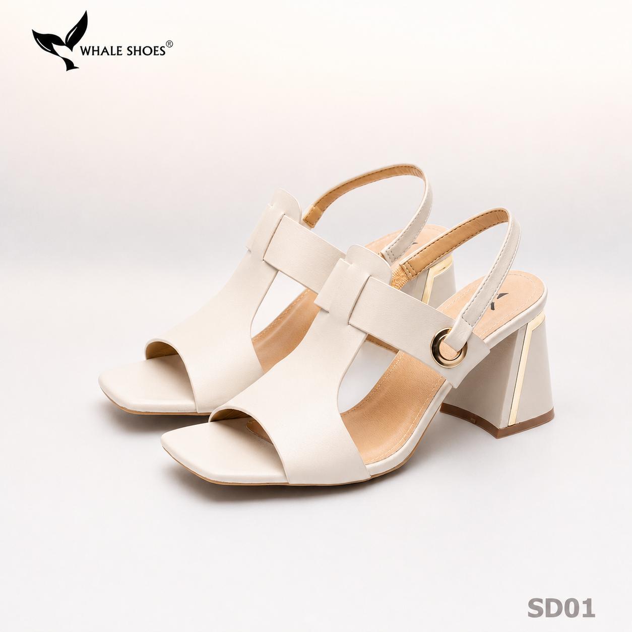 Giày Sandal nữ Whale Shoes 7cm, mũi vuông 7cm sơn vân da, viền mạ vàng, đế chống trượt-SD01