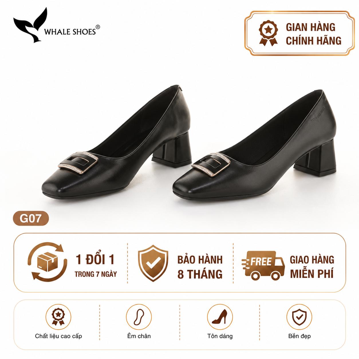 Giày cao gót nữ Whale Shoes 6cm mũi vuông, da mờ, gót trụ đính khóa, đế chống trượt-G07