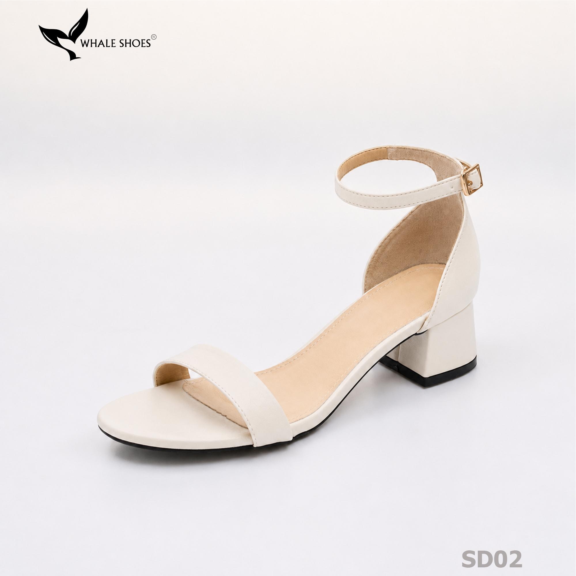 Giày Sandal nữ Whale Shoes mũi tròn gót vuông 4cm bản ngang, da mềm êm chân, đế chống trượt-SD02