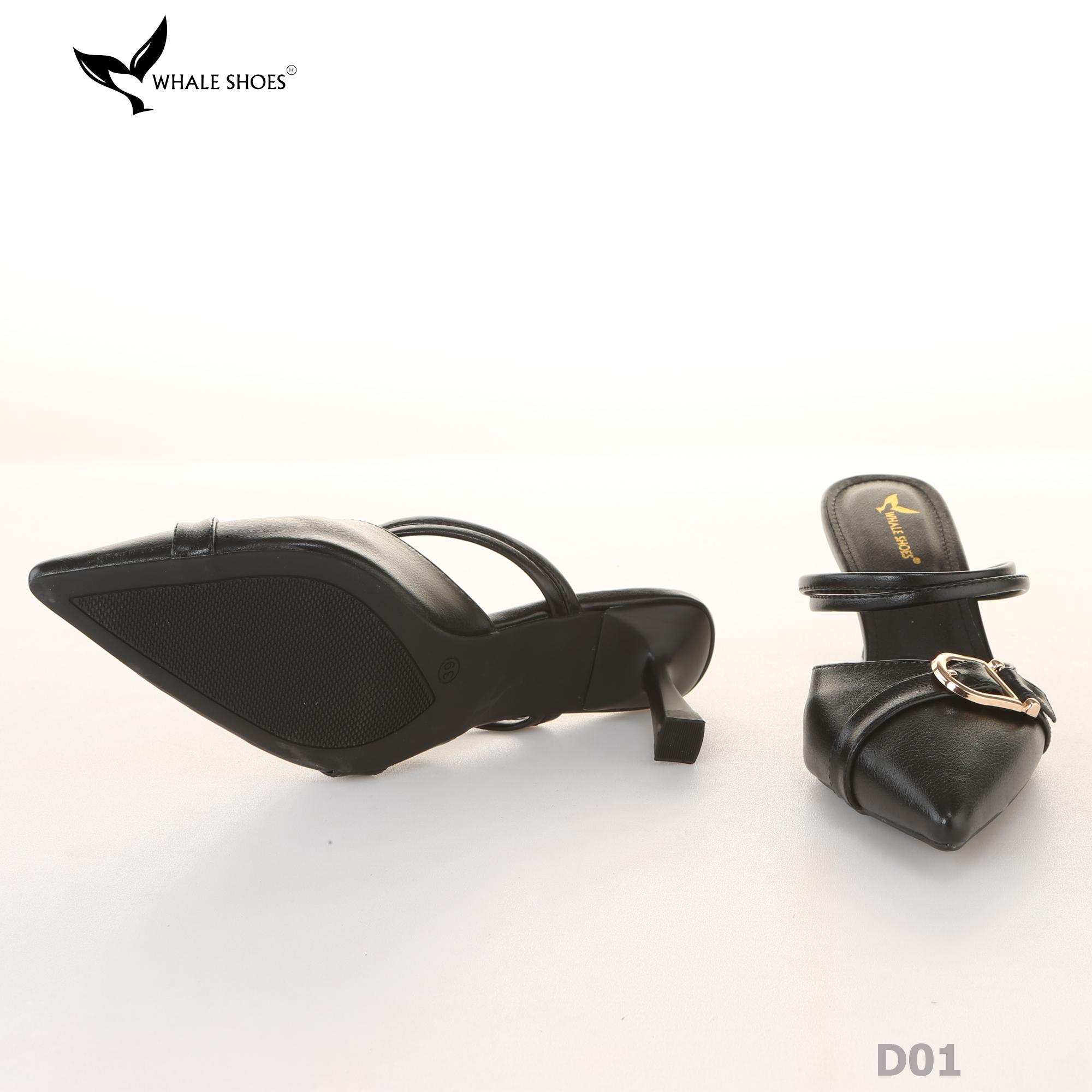 Sục cao gót nữ  Whale Shoes 7cm mũi nhọn, đính khóa, êm chân, đế chống trượt-D01