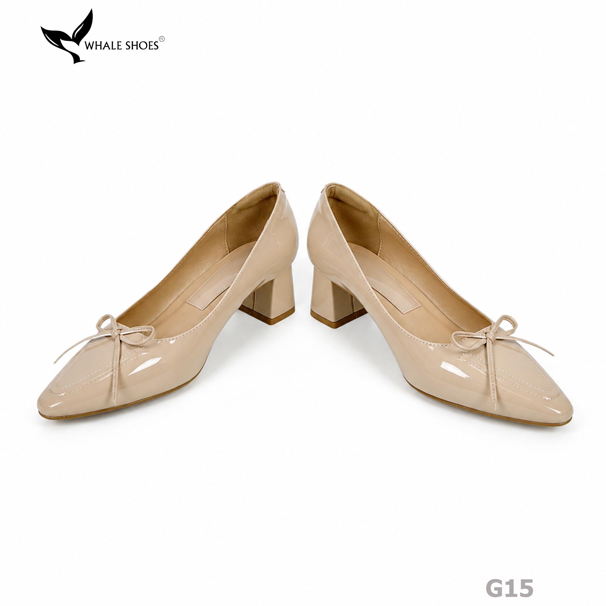 Giày Cao Gót Mũi Vuông Whaleshoes 5cm Da Bóng Đính Nơ Lót Êm Đế Chống Trơn Trượt-G15