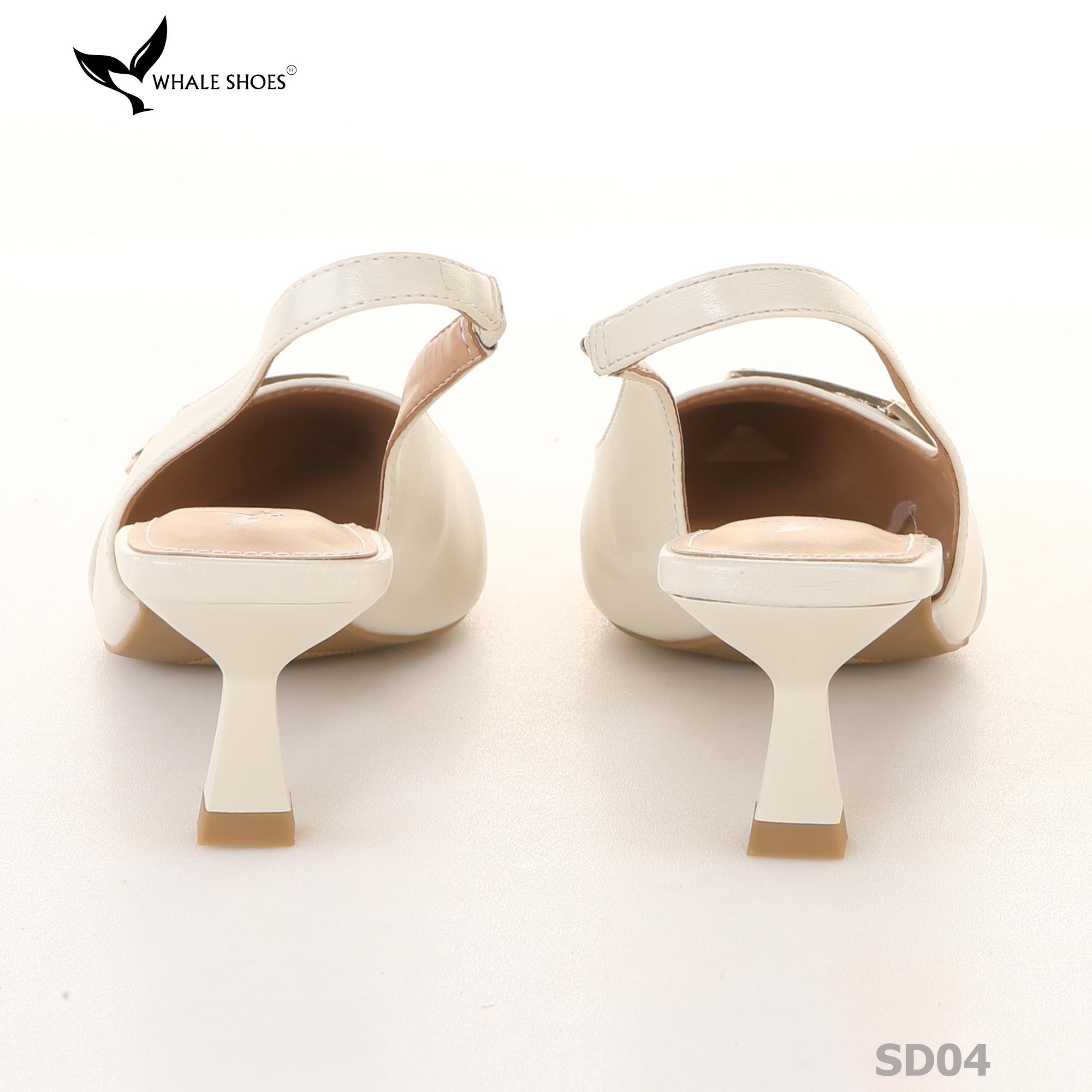 Giày Slingback Whale Shoes 5cm mũi nhọn, hậu vuông da mờ, đính khoá mạ vàng-SD04