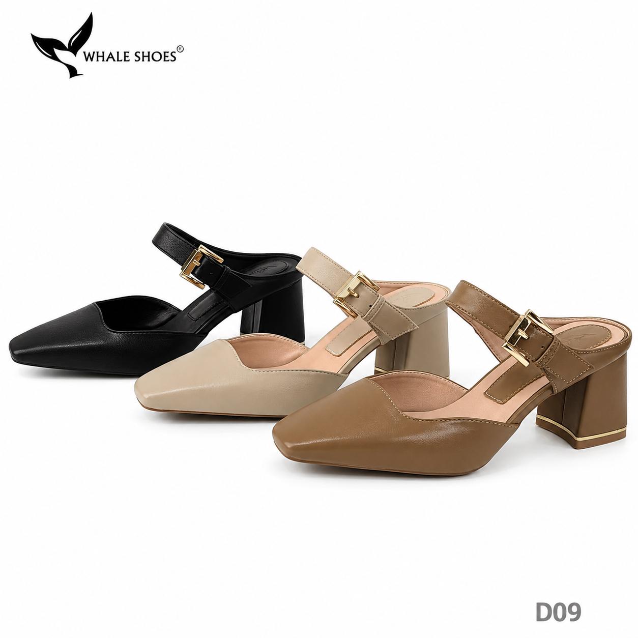 Dép Sục nữ  Whaleshoes Gót 7cm Gót Vuông Quai Khóa Kim Loại Vàng Gold Thanh Lịch-D09