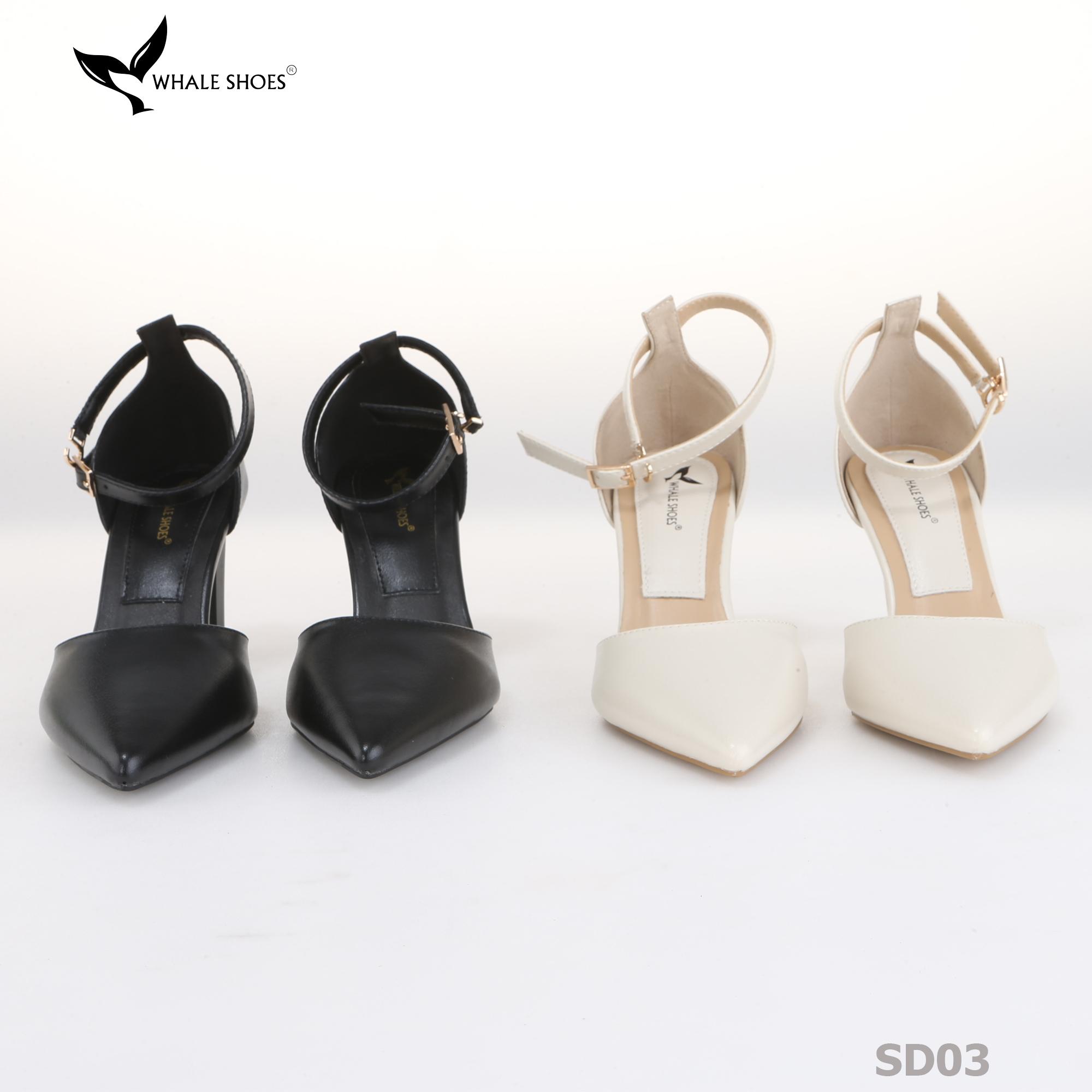 Giày cao gót Whale Shoes mũi nhọn 8cm có dây quai hậu, da mềm êm chân, đế chống trượt-SD03