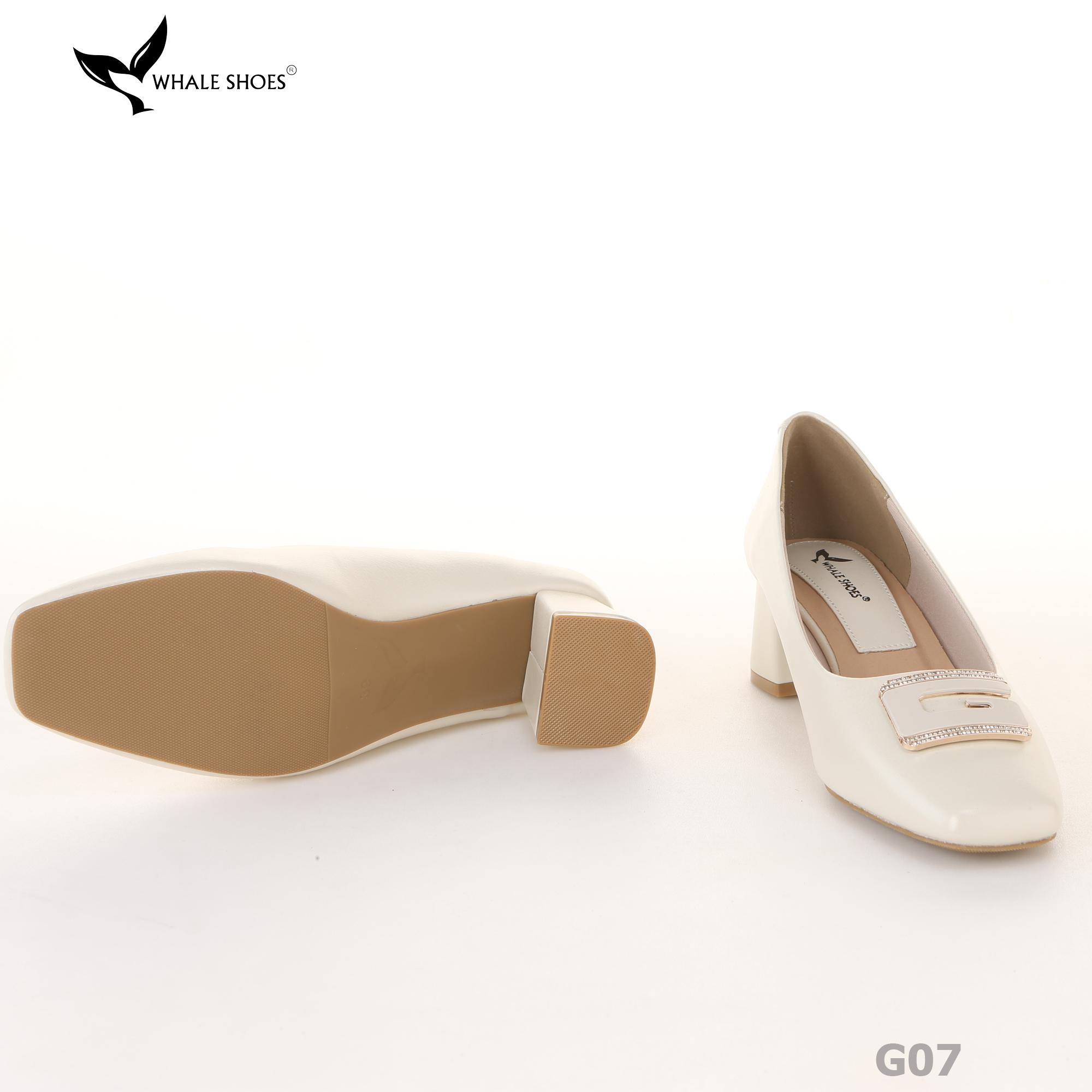 Giày cao gót nữ Whale Shoes 6cm mũi vuông, da mờ, gót trụ đính khóa, đế chống trượt-G07