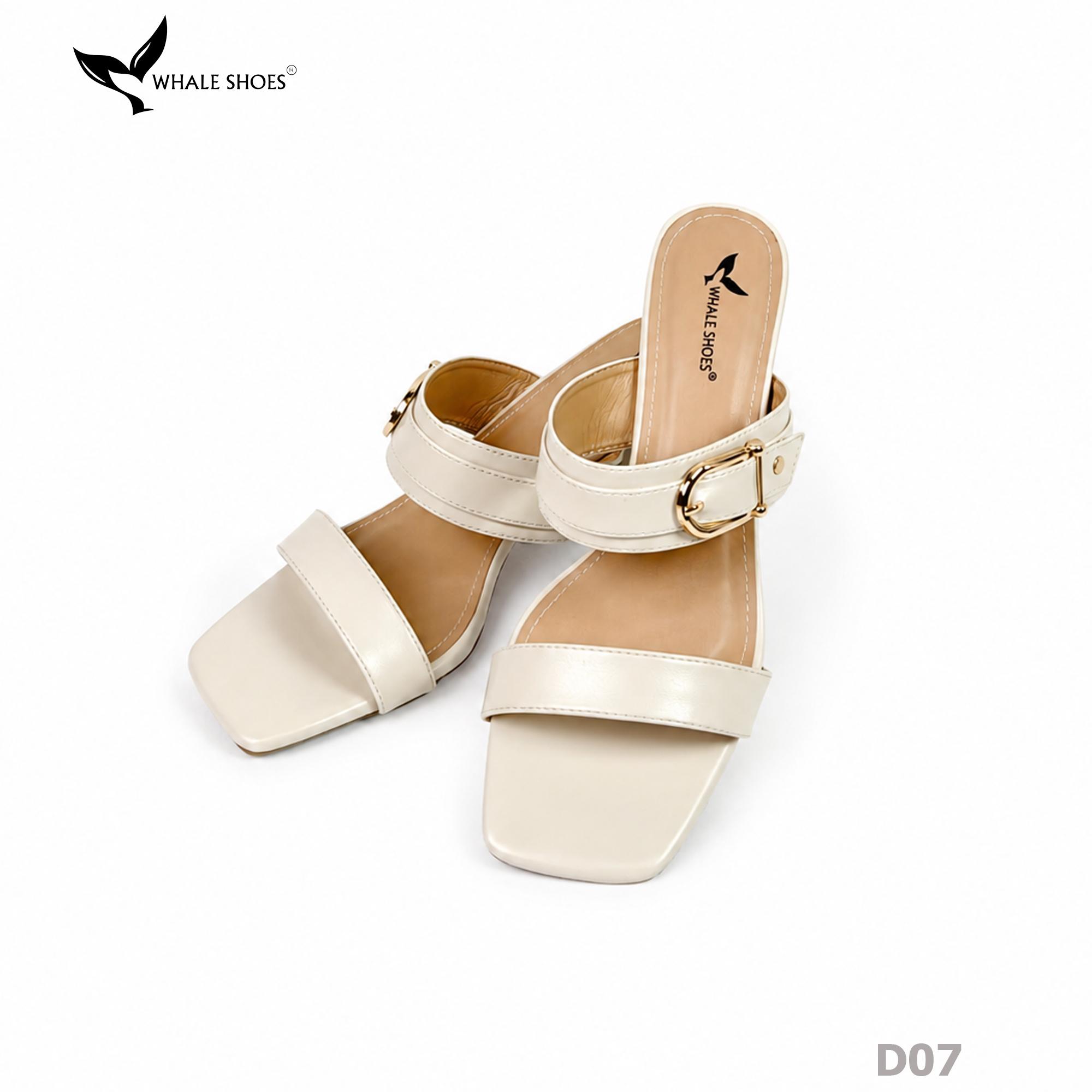 Dép cao gót Whale Shoes 6.5cm mũi vuông, đính khóa thanh lịch, êm chân, đế chống trượt-D07