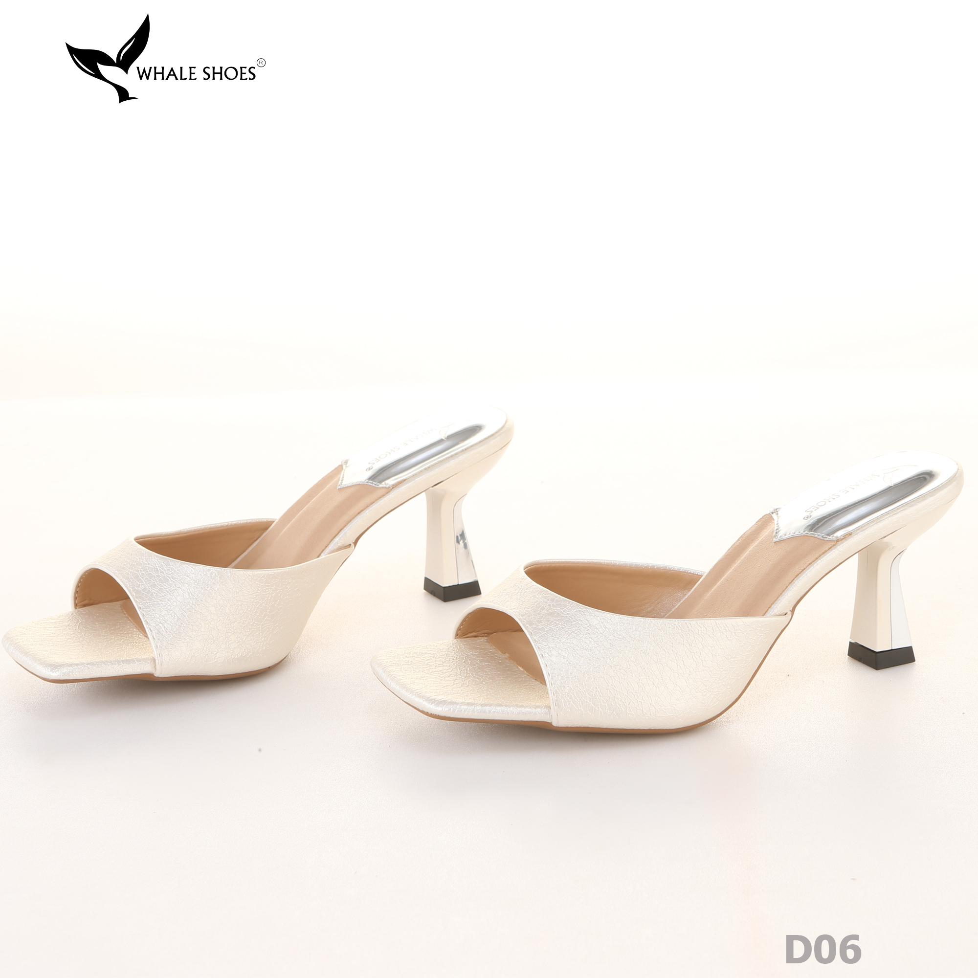 Dép (guốc) nữ Whale Shoes 6cm (tăng size) mũi vuông, vân da dưa lưới, gót trụ, đế chống trượt-D06
