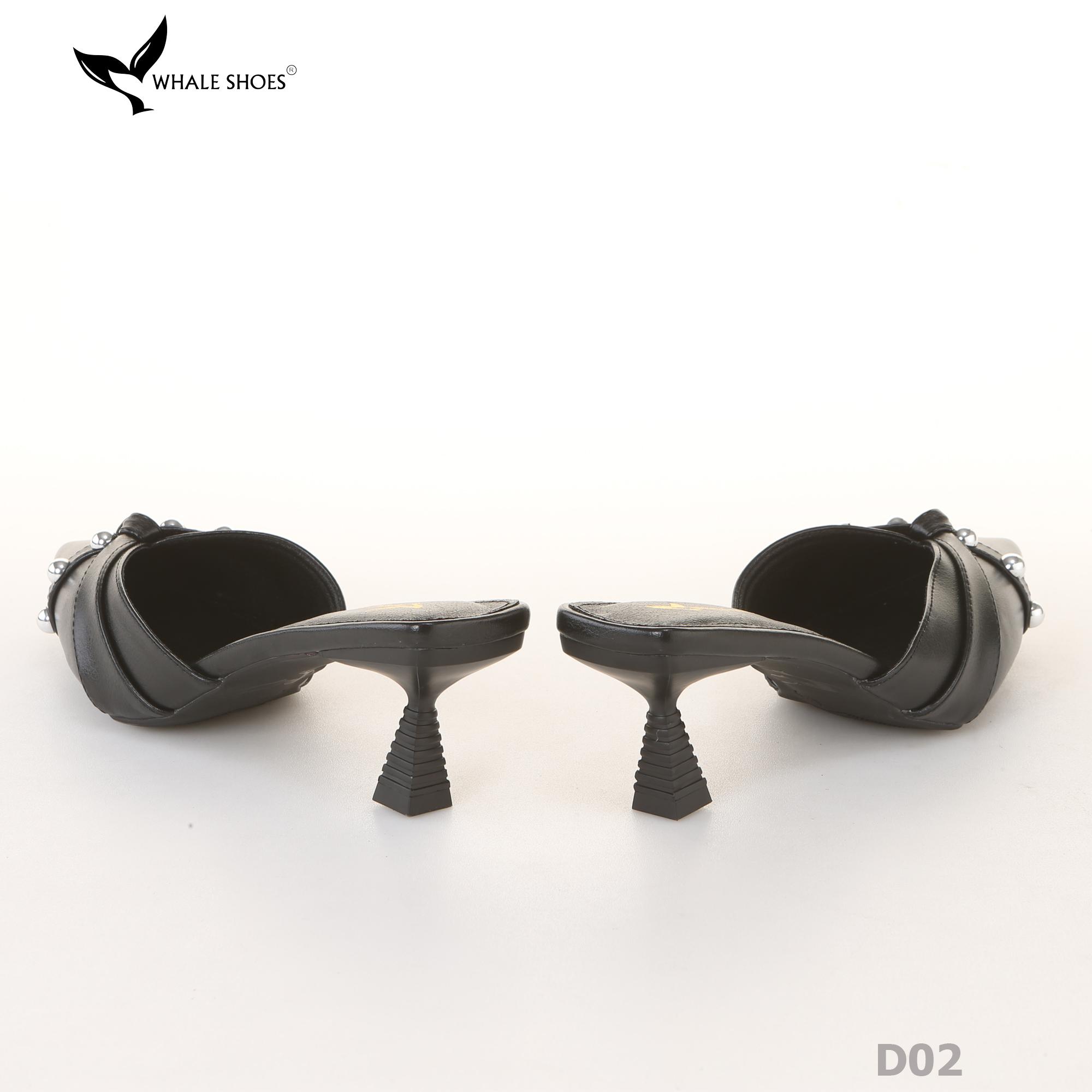 Sục cao gót nữ 6cm Whale Shoes (Tăng size) mũi nhọn cổ tim đen, đính đá, đế chống trượt-D02