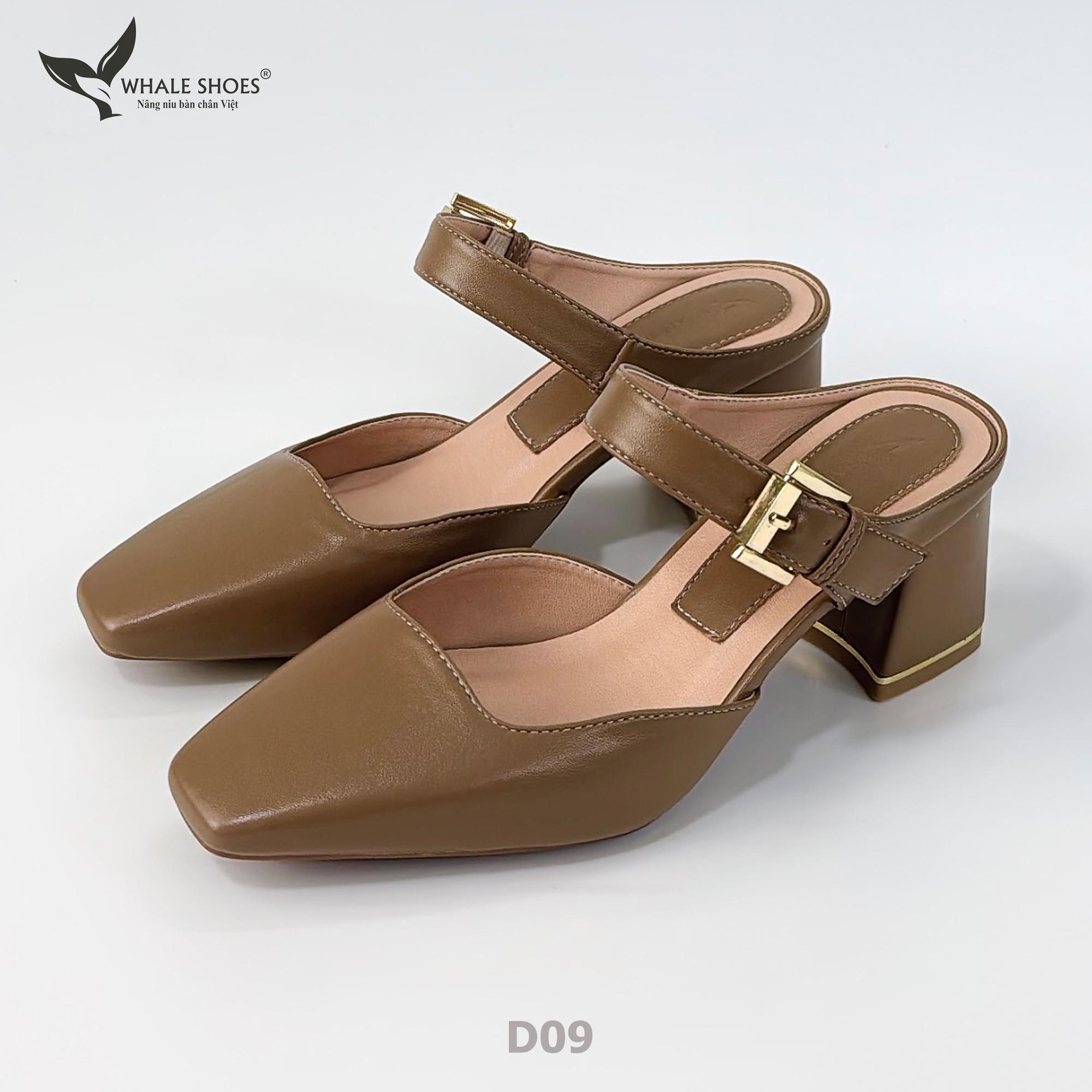 Dép Sục nữ  Whaleshoes Gót 7cm Gót Vuông Quai Khóa Kim Loại Vàng Gold Thanh Lịch-D09