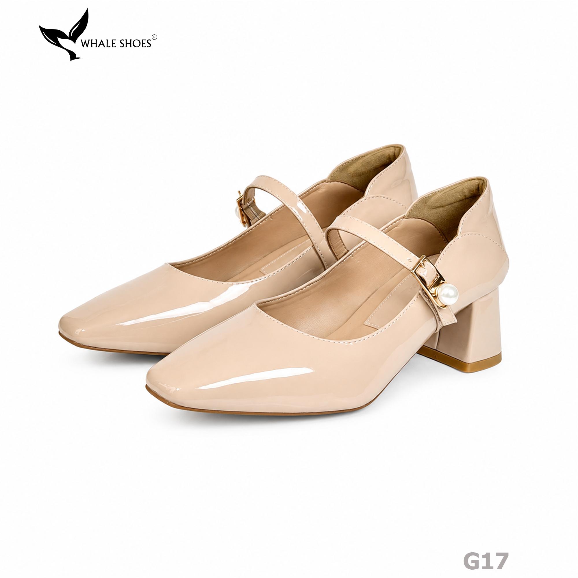 Giày Cao Gót Bít Mũi Whale Shoes 5cm Da Bóng quai đính khóa ngọc trai, Lót Êm, Đế Chống Trượt-G17