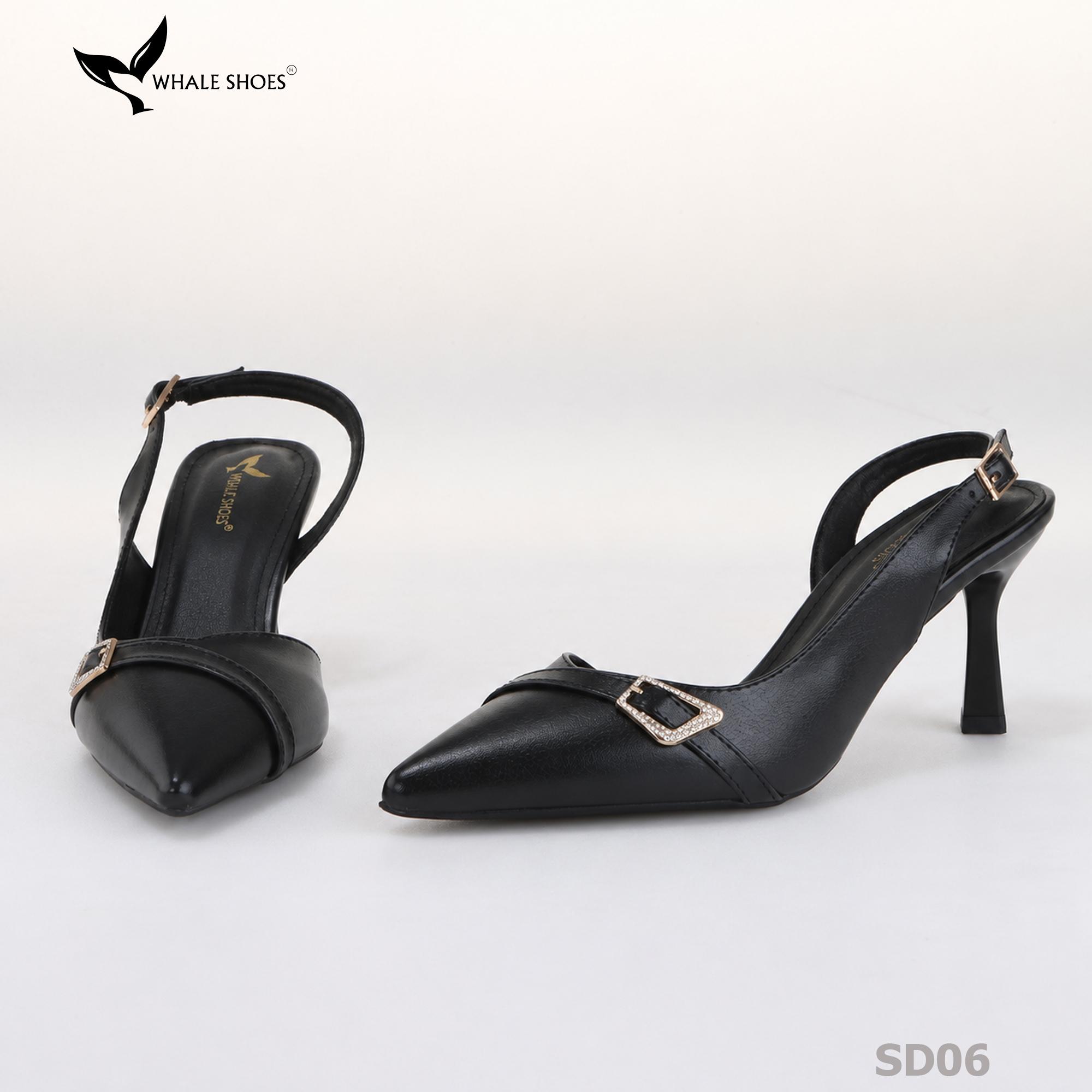 Giày cao gót Whale Shoes 7cm, mũi nhọn cổ tim, khoét eo da mờ, khoá đính đá, đế chống trượt-SD06
