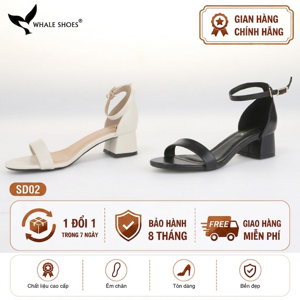 Giày Sandal nữ Whale Shoes mũi tròn gót vuông 4cm bản ngang, da mềm êm chân, đế chống trượt-SD02