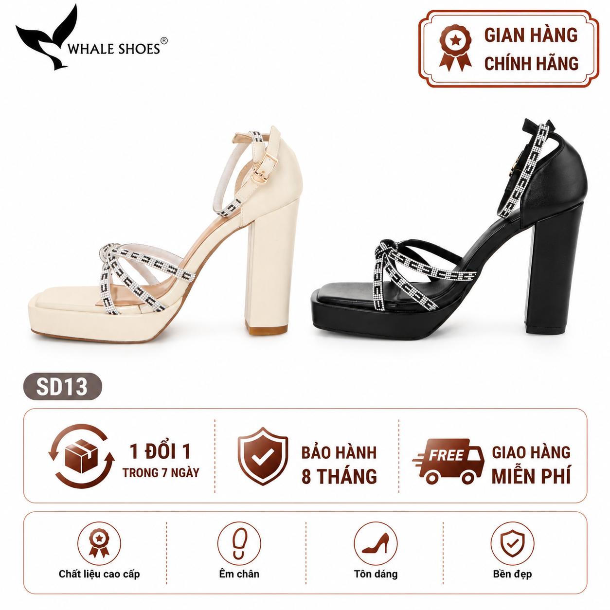 Giày Sandal nữ  Whale Shoes 10cm mũi vuông da mờ đúp mũi 3cm, dây đá, gót trụ, đế chống trượt-SD13