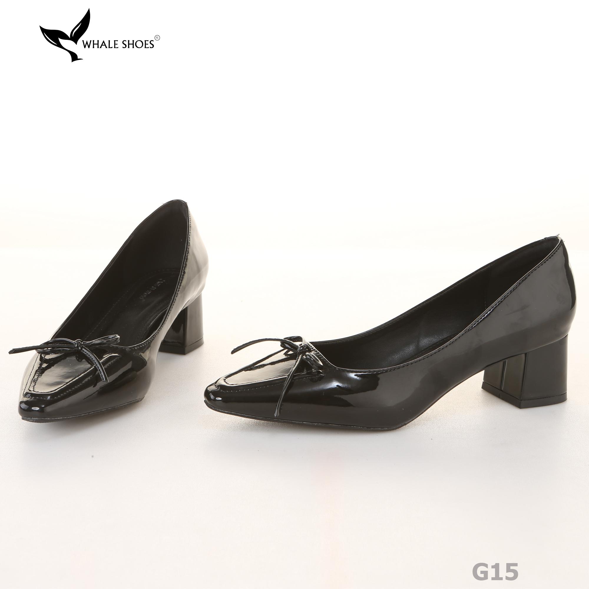 Giày Cao Gót Mũi Vuông Whaleshoes 5cm Da Bóng Đính Nơ Lót Êm Đế Chống Trơn Trượt-G15